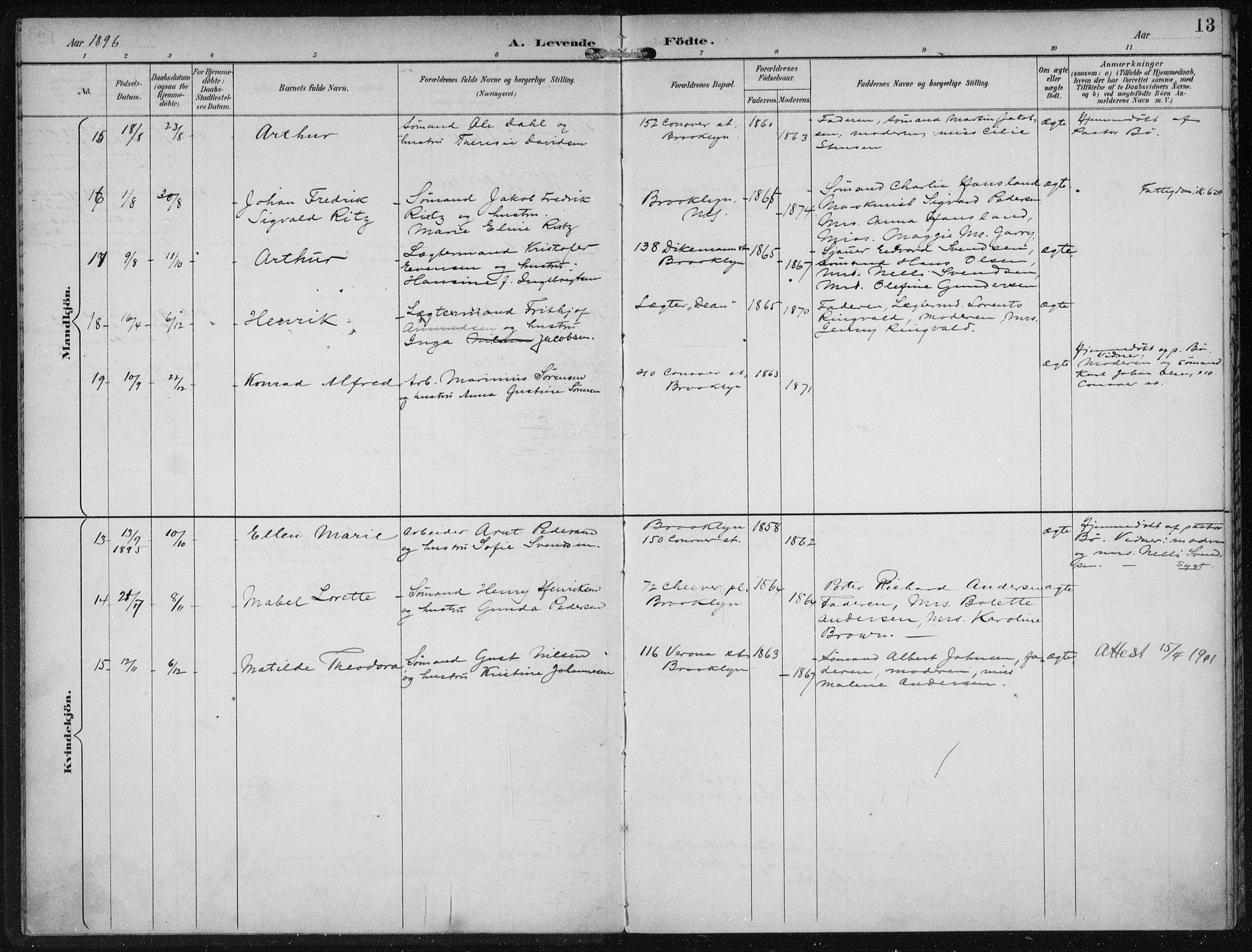 Den norske sjømannsmisjon i utlandet/New York, AV/SAB-SAB/PA-0110/H/Ha/L0004: Parish register (official) no. A 4, 1893-1901, p. 13