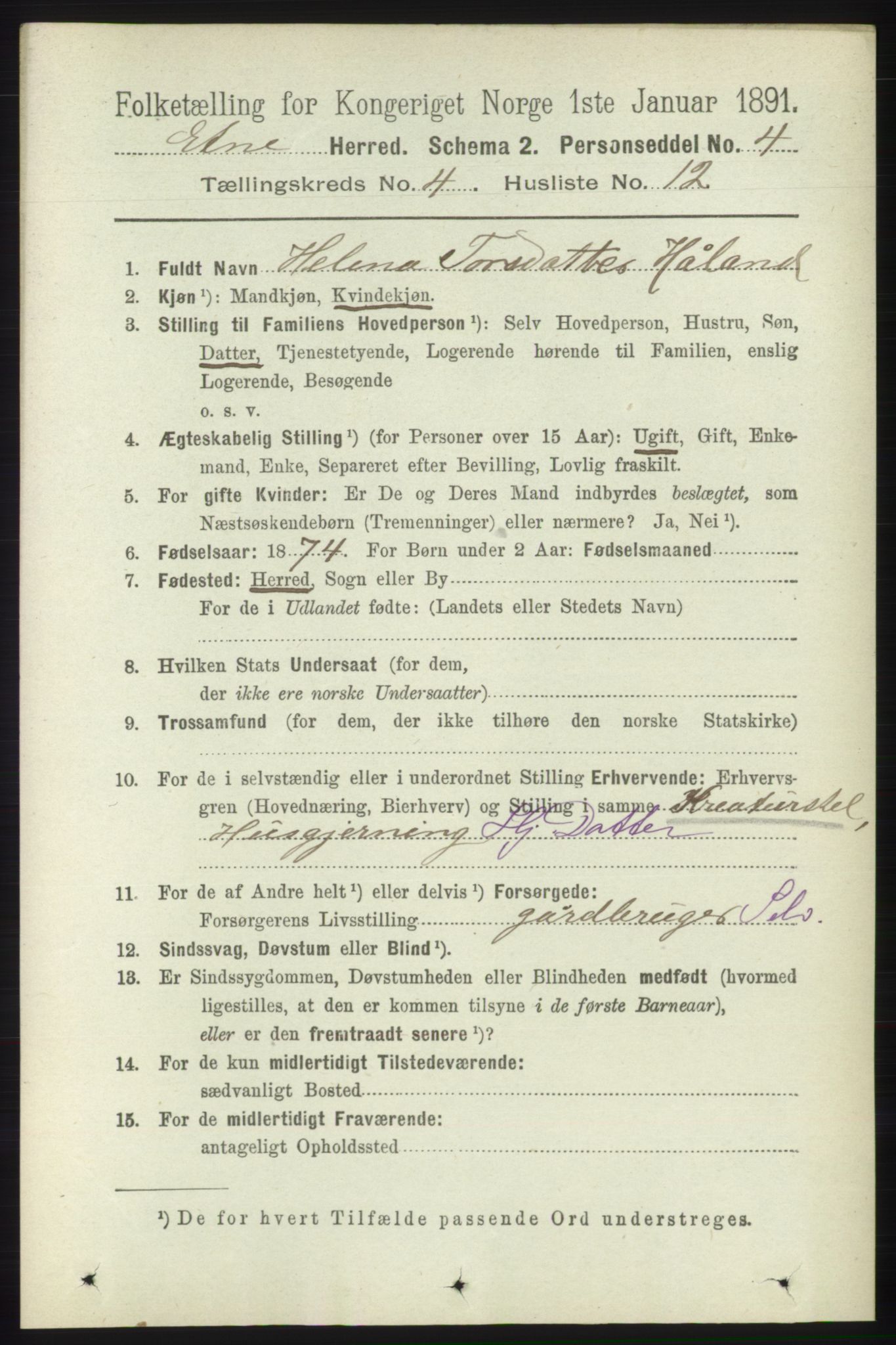 RA, 1891 census for 1211 Etne, 1891, p. 927