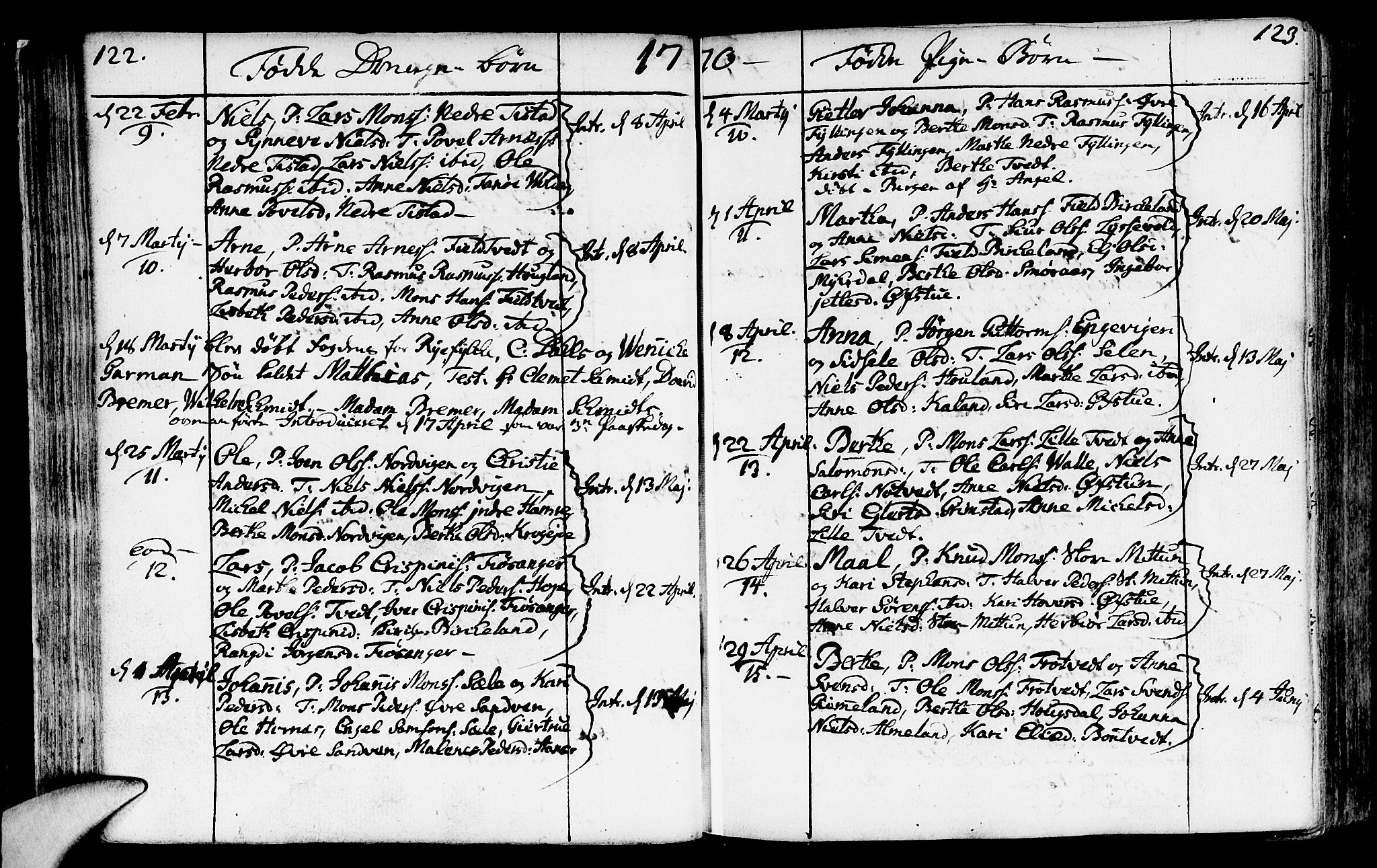 Fana Sokneprestembete, AV/SAB-A-75101/H/Haa/Haaa/L0004: Parish register (official) no. A 4, 1757-1774, p. 122-123