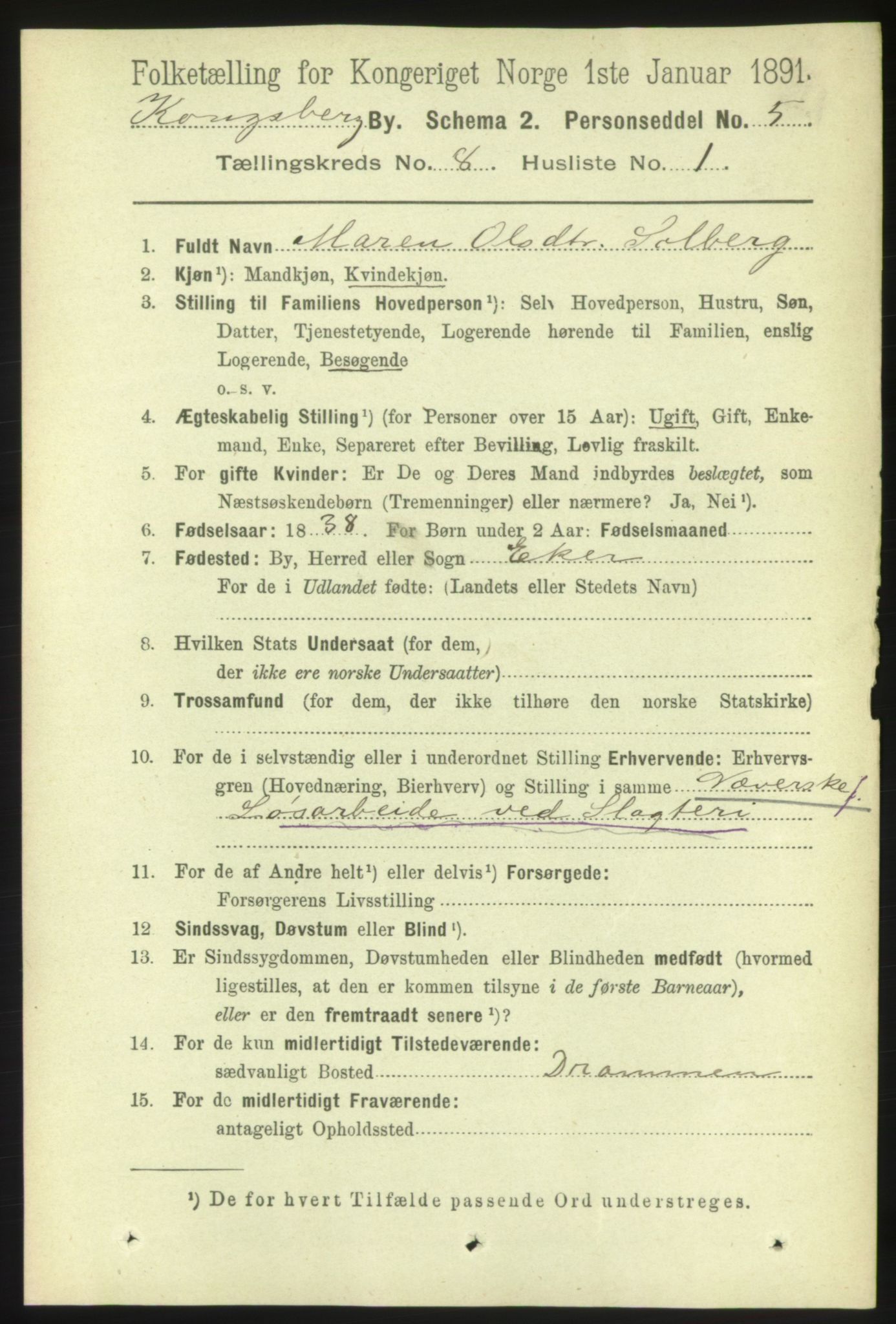 RA, 1891 census for 0604 Kongsberg, 1891, p. 5496