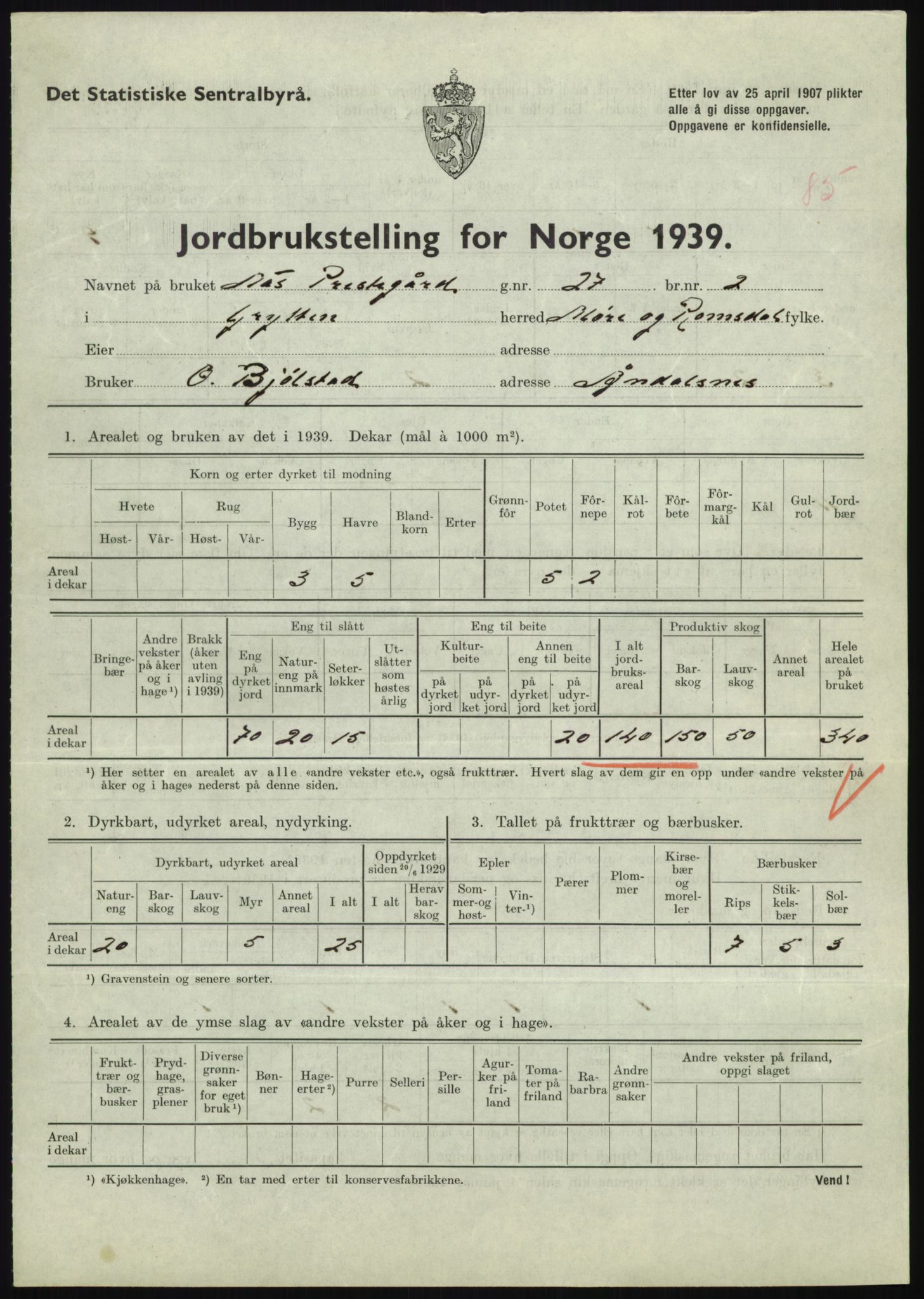 Statistisk sentralbyrå, Næringsøkonomiske emner, Jordbruk, skogbruk, jakt, fiske og fangst, AV/RA-S-2234/G/Gb/L0251: Møre og Romsdal: Voll, Eid, Grytten og Hen, 1939, p. 891