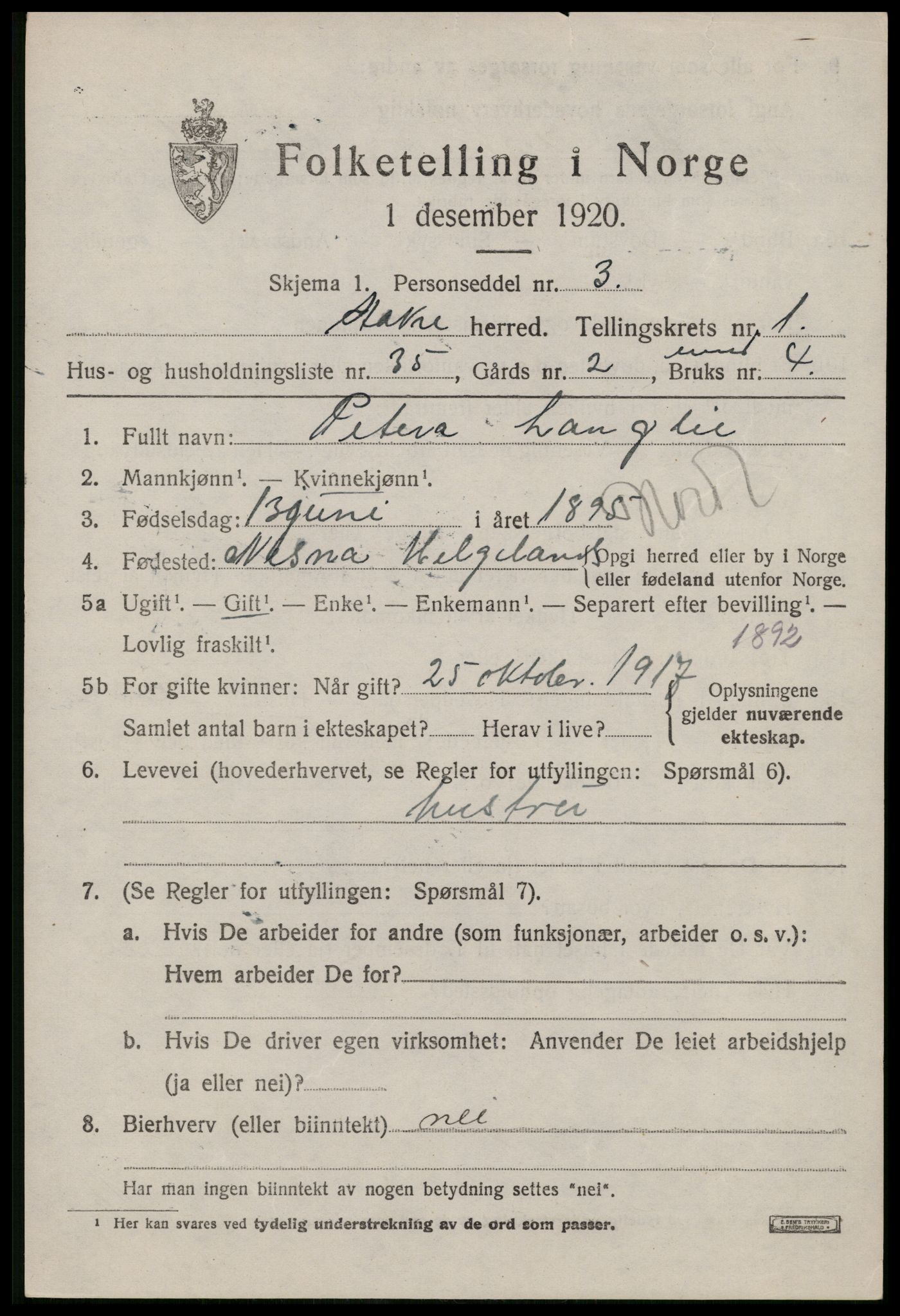 SAST, 1920 census for Åkra, 1920, p. 1670