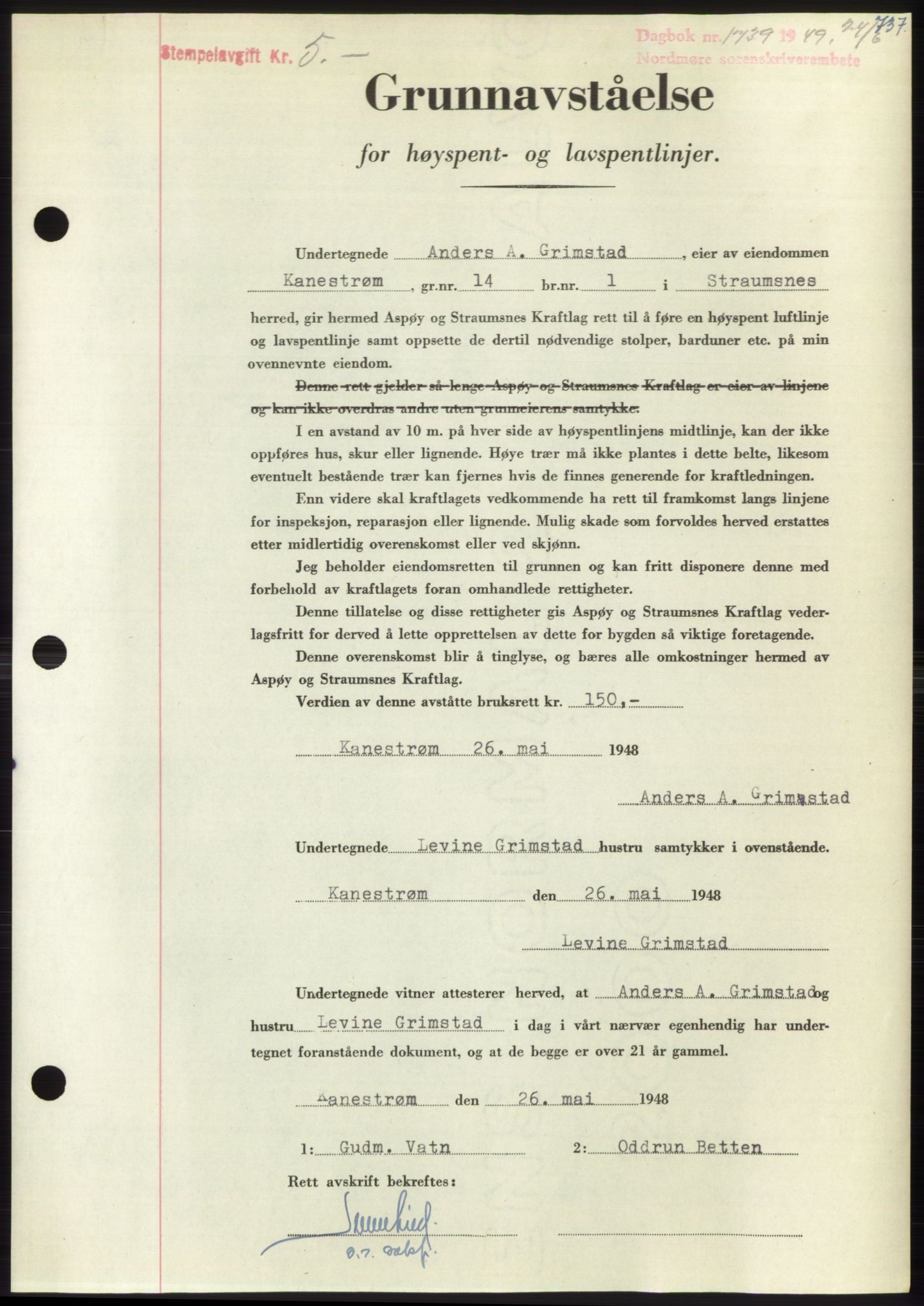 Nordmøre sorenskriveri, AV/SAT-A-4132/1/2/2Ca: Mortgage book no. B101, 1949-1949, Diary no: : 1739/1949