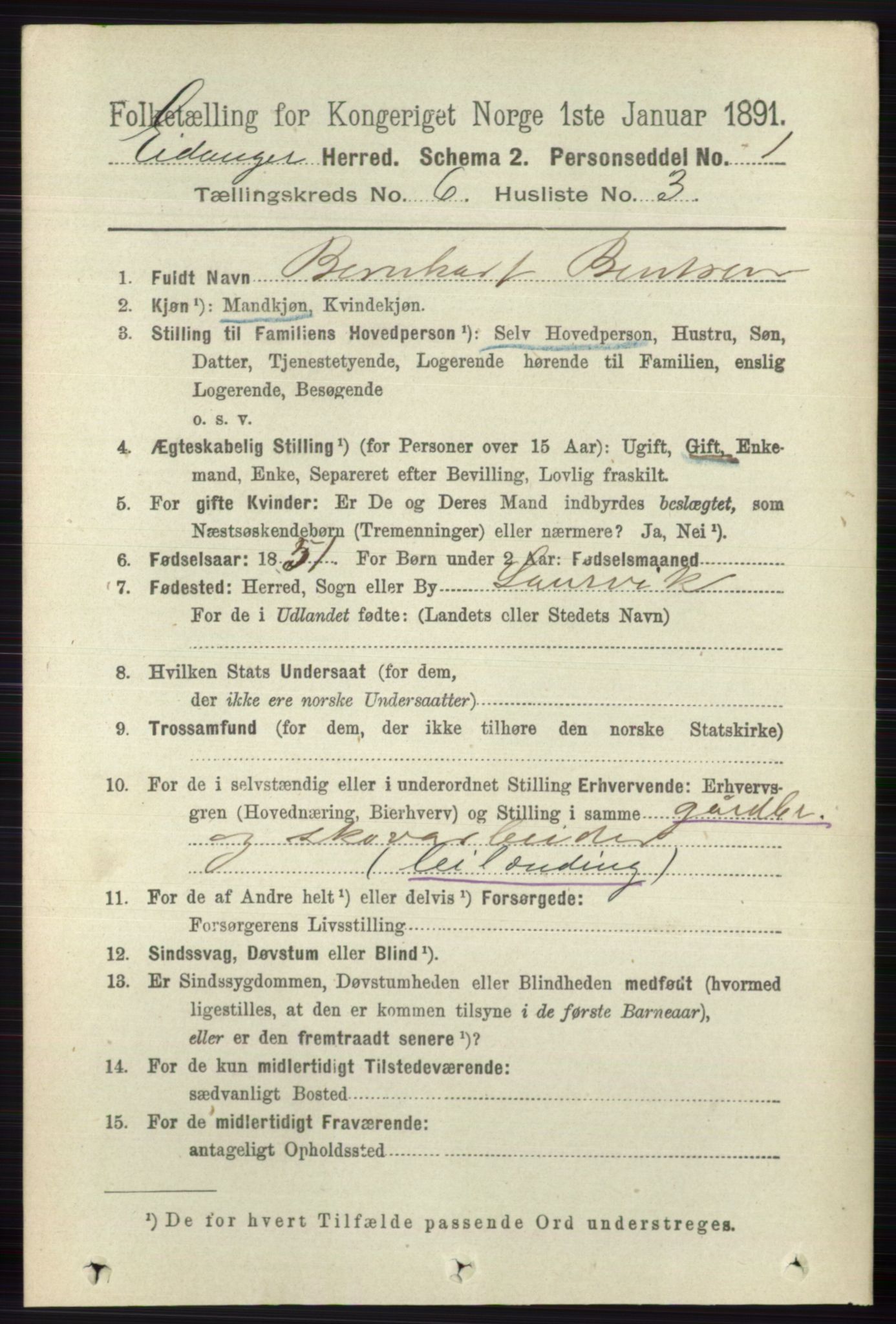 RA, 1891 census for 0813 Eidanger, 1891, p. 2577