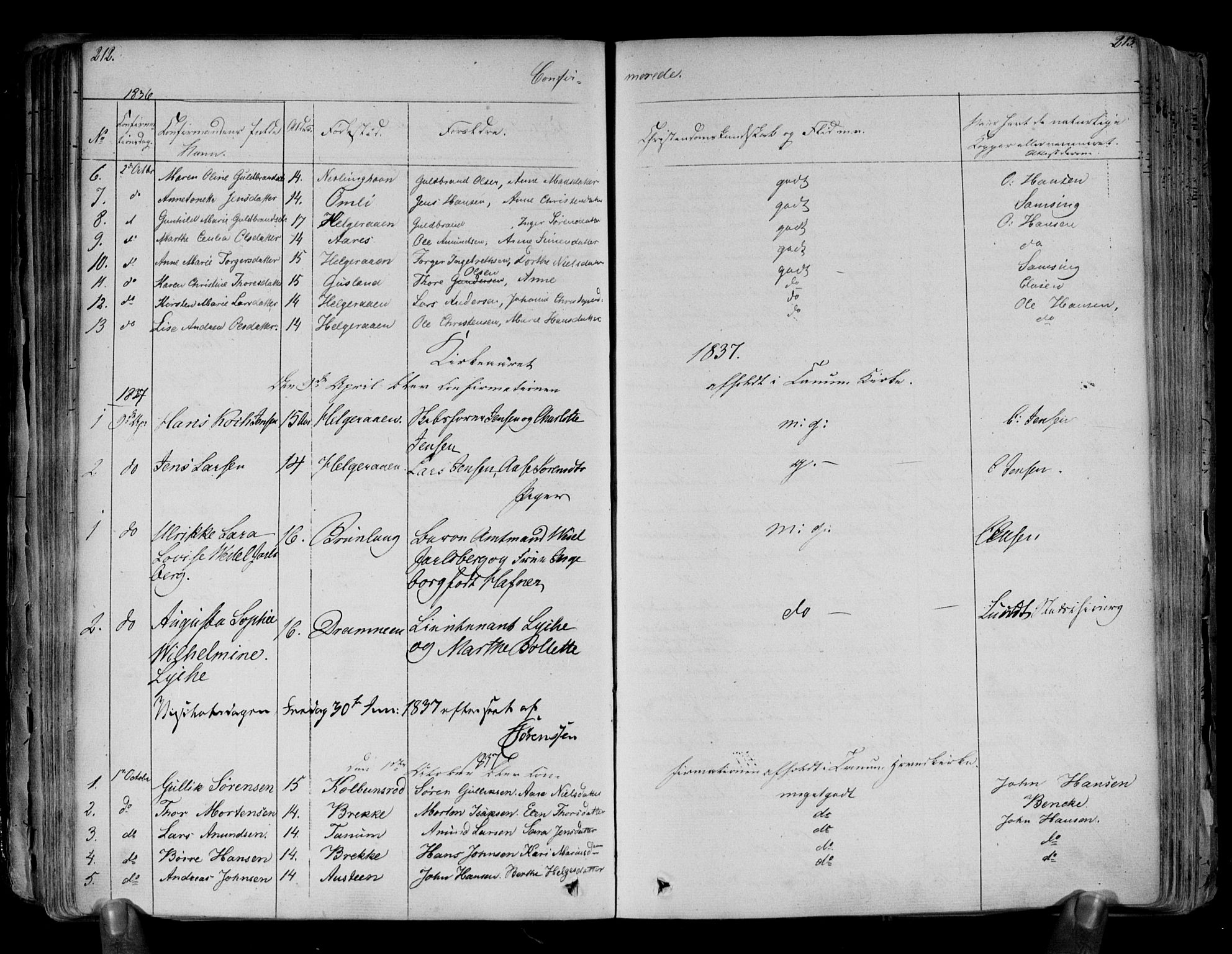 Brunlanes kirkebøker, AV/SAKO-A-342/F/Fa/L0003: Parish register (official) no. I 3, 1834-1845, p. 212-213