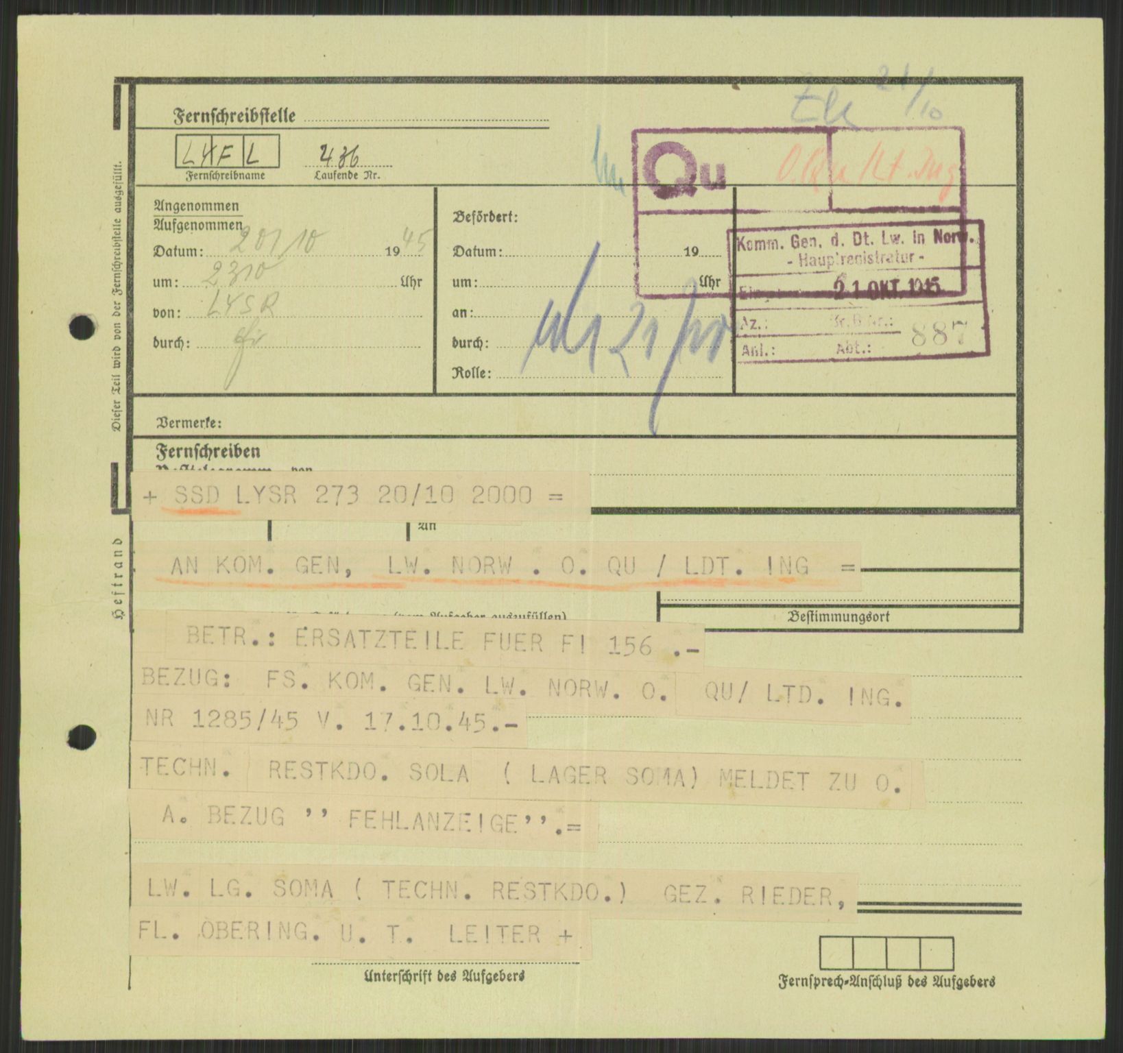 Deutscher Oberbefehlshaber Norwegen (DOBN), AV/RA-RAFA-2197/D/Di/L0066: AOK 20/WBN-DOBN Luftwaffe/Komm G. d.Dt.Lw. in Norwegen, 1945, p. 789