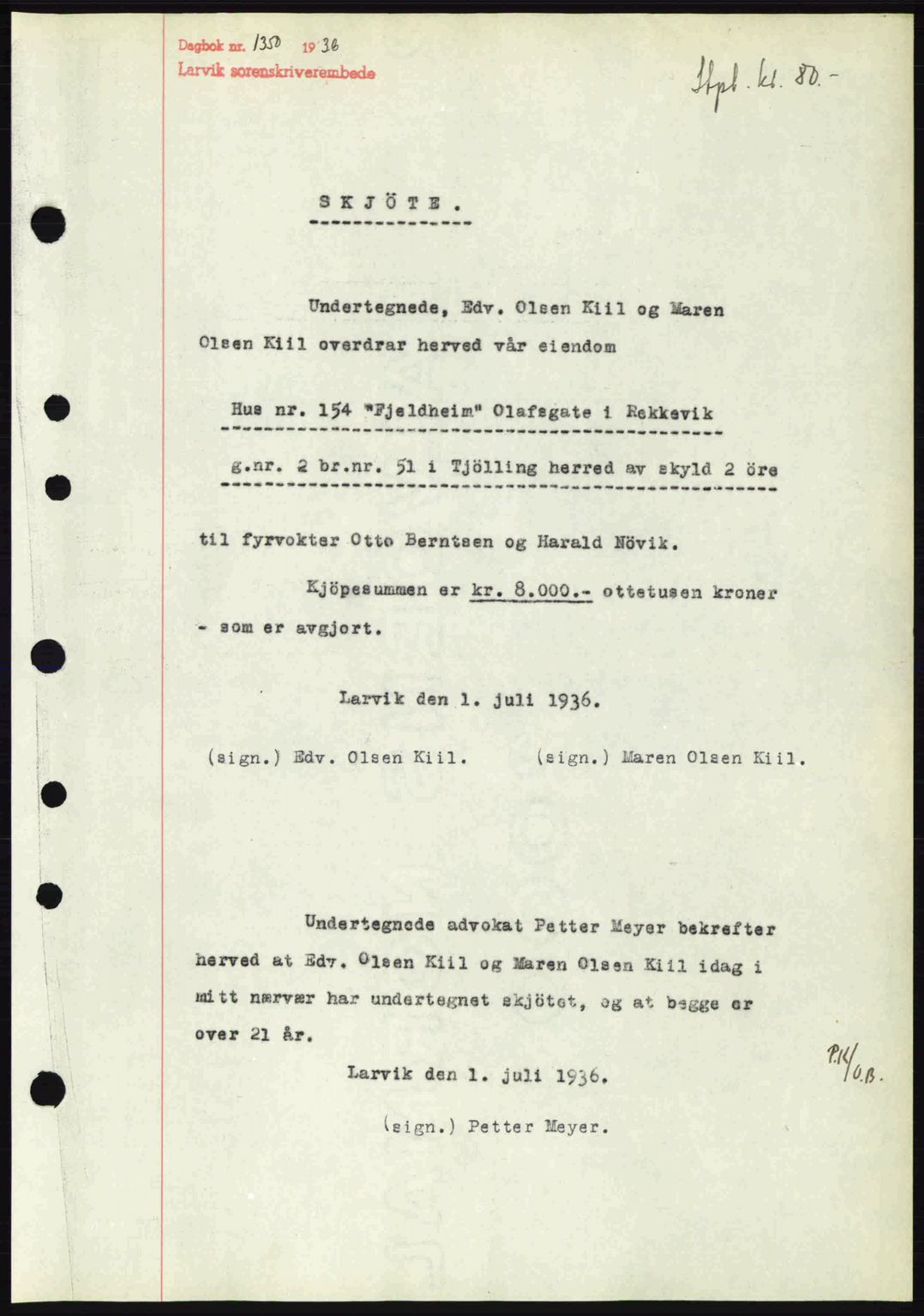 Larvik sorenskriveri, SAKO/A-83/G/Ga/Gab/L0067: Mortgage book no. A-1, 1936-1937, Diary no: : 1350/1936