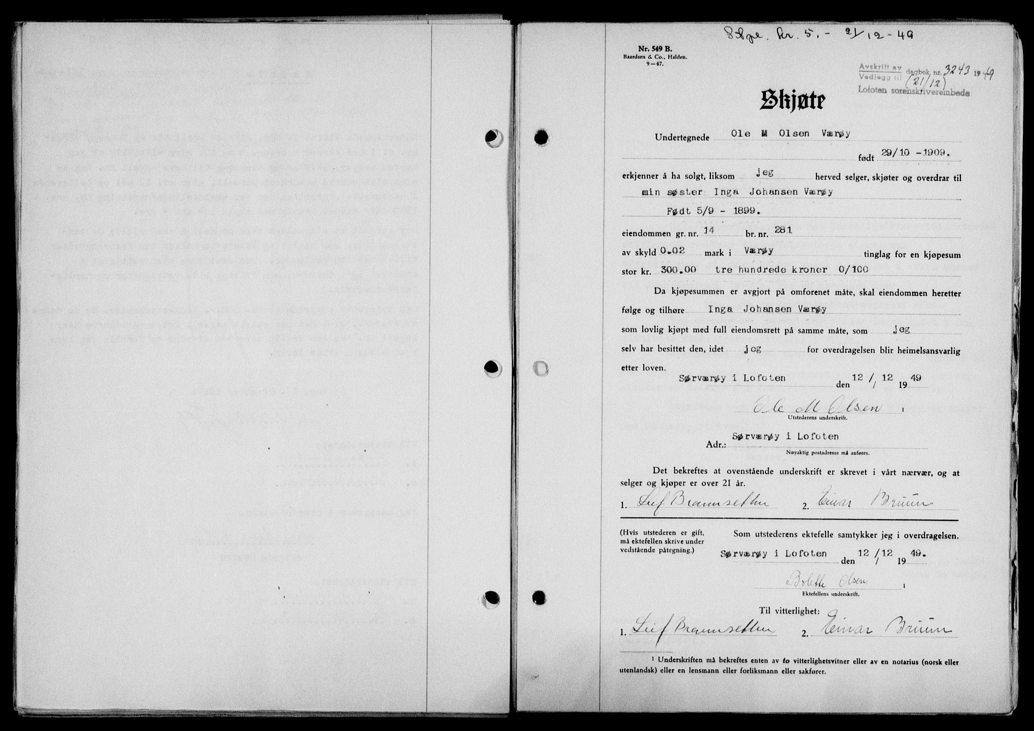 Lofoten sorenskriveri, SAT/A-0017/1/2/2C/L0022a: Mortgage book no. 22a, 1949-1950, Diary no: : 3243/1949