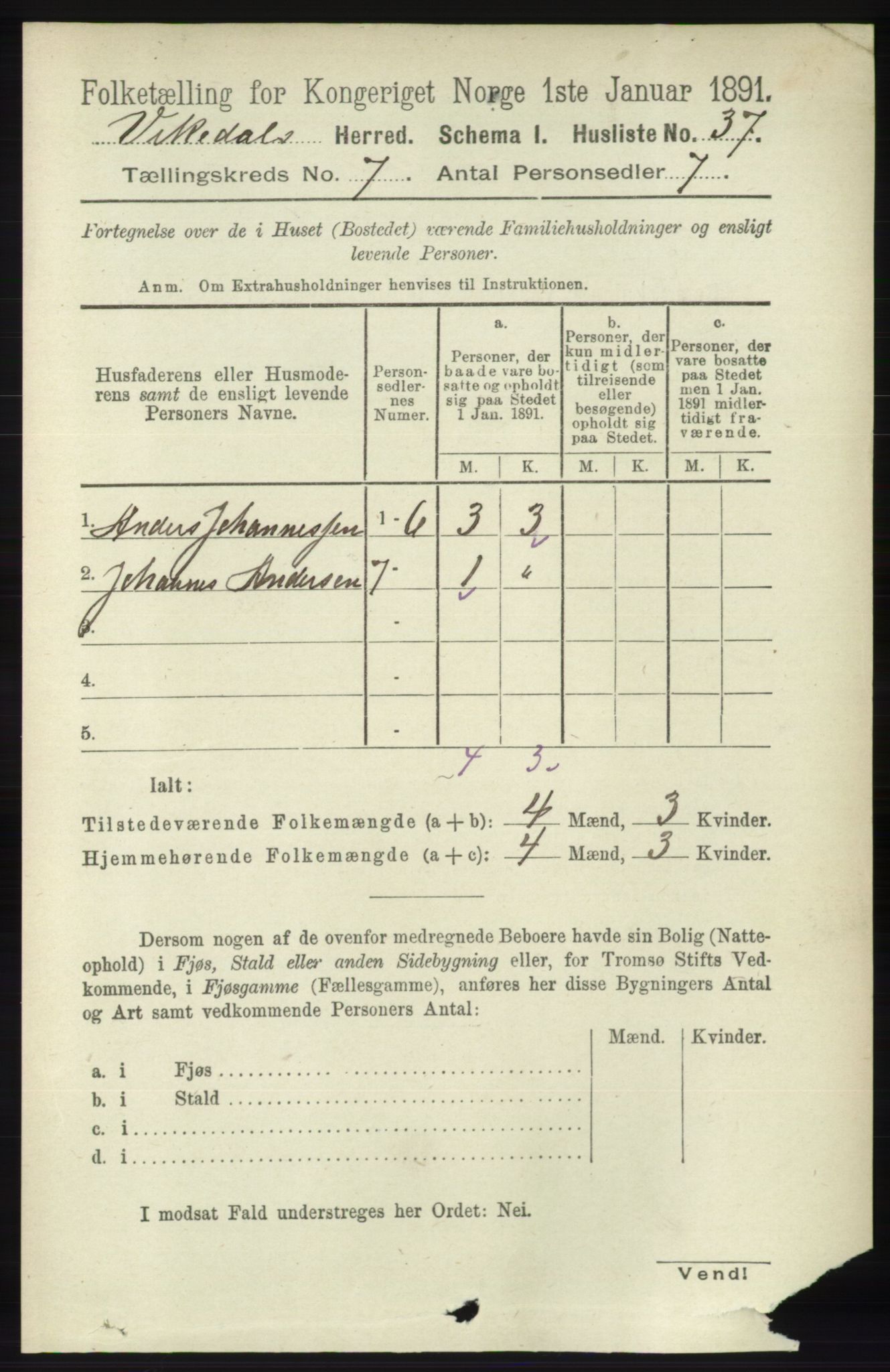 RA, 1891 census for 1157 Vikedal, 1891, p. 2031