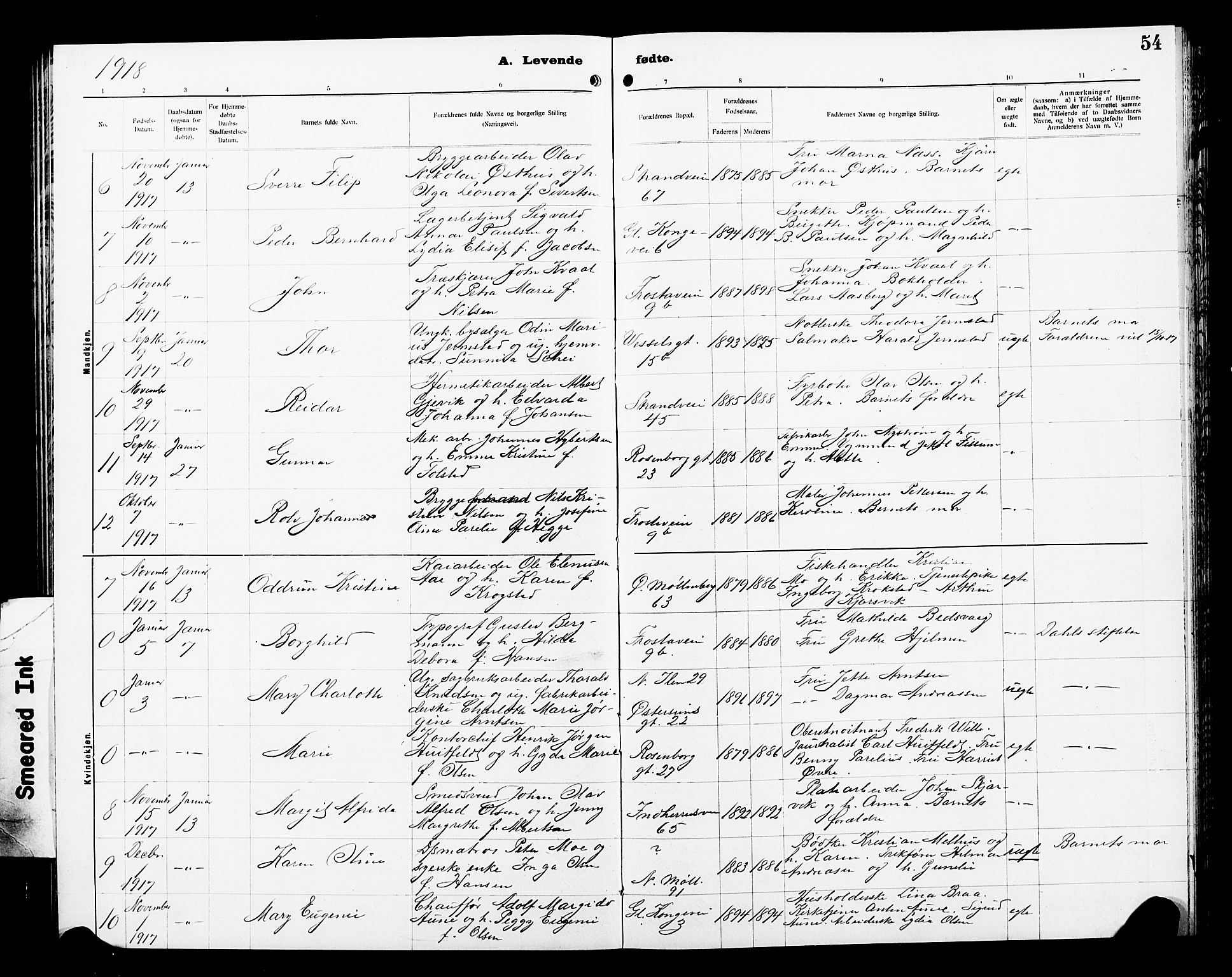 Ministerialprotokoller, klokkerbøker og fødselsregistre - Sør-Trøndelag, AV/SAT-A-1456/605/L0256: Parish register (copy) no. 605C03, 1916-1920, p. 54