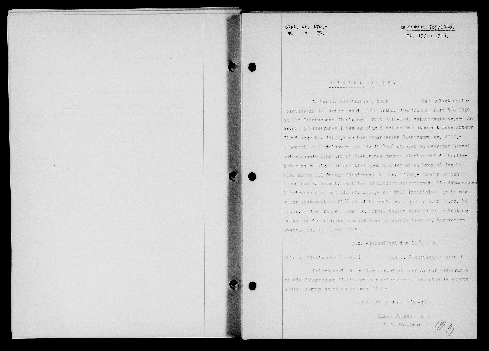 Flekkefjord sorenskriveri, SAK/1221-0001/G/Gb/Gba/L0061: Mortgage book no. A-9, 1946-1947, Diary no: : 785/1946