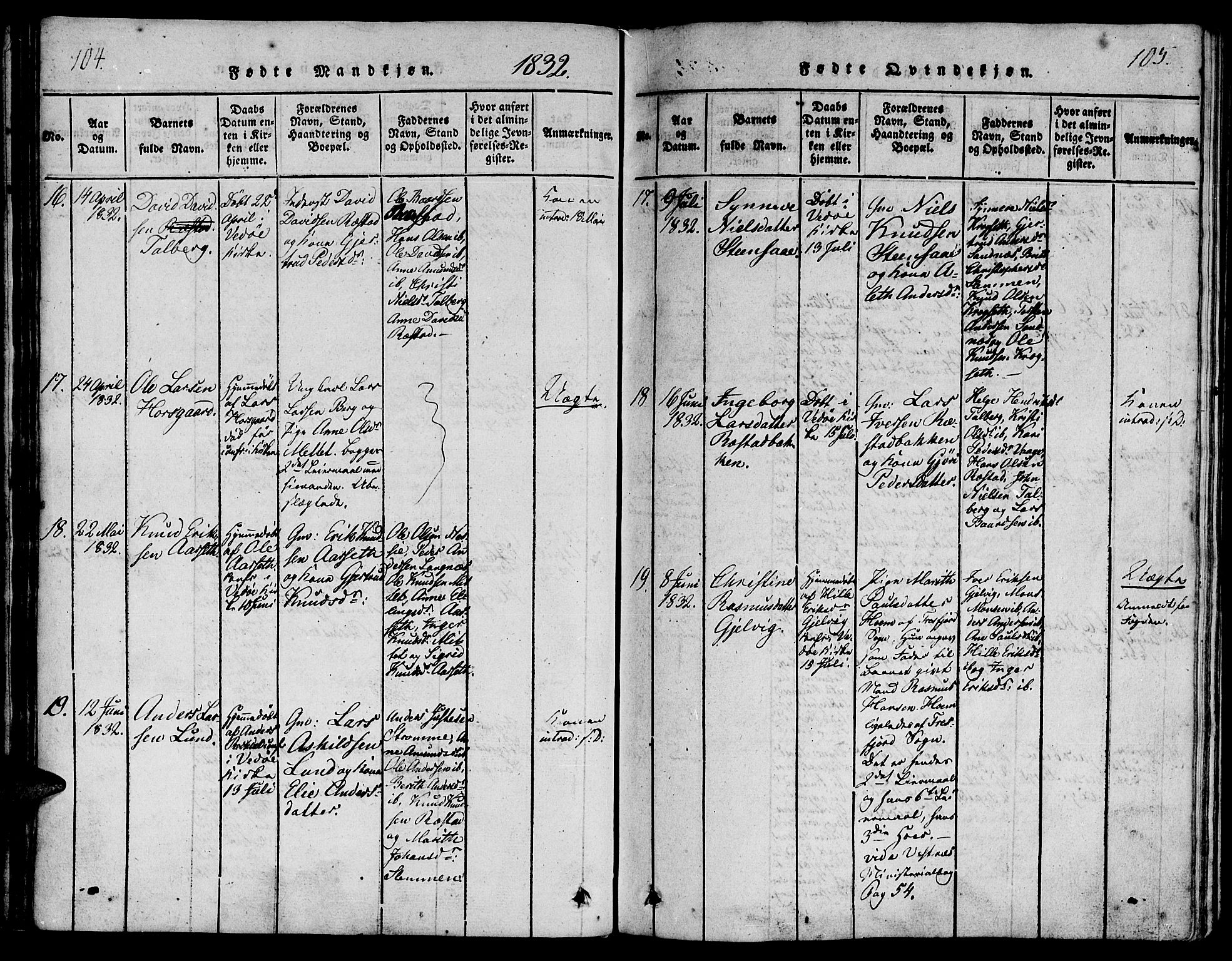 Ministerialprotokoller, klokkerbøker og fødselsregistre - Møre og Romsdal, AV/SAT-A-1454/547/L0602: Parish register (official) no. 547A04, 1818-1845, p. 104-105