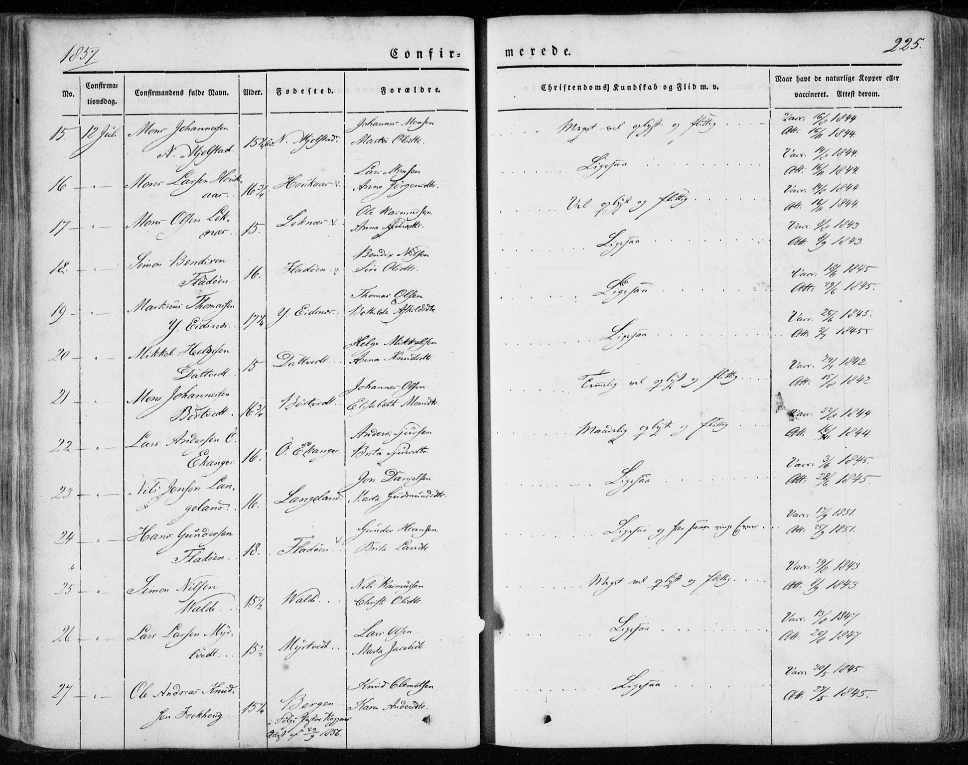 Hamre sokneprestembete, AV/SAB-A-75501/H/Ha/Haa/Haaa/L0013: Parish register (official) no. A 13, 1846-1857, p. 225