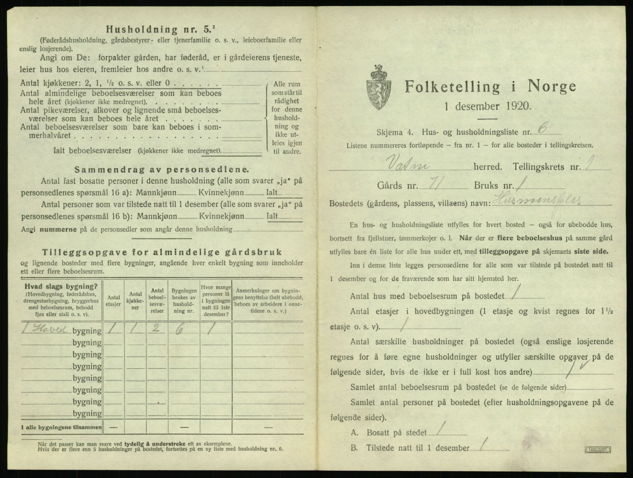 SAT, 1920 census for Vatne, 1920, p. 50
