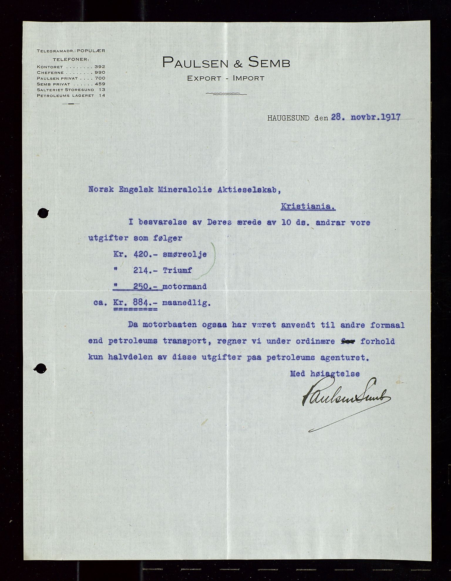 Pa 1521 - A/S Norske Shell, AV/SAST-A-101915/E/Ea/Eaa/L0020: Sjefskorrespondanse, 1917, p. 131