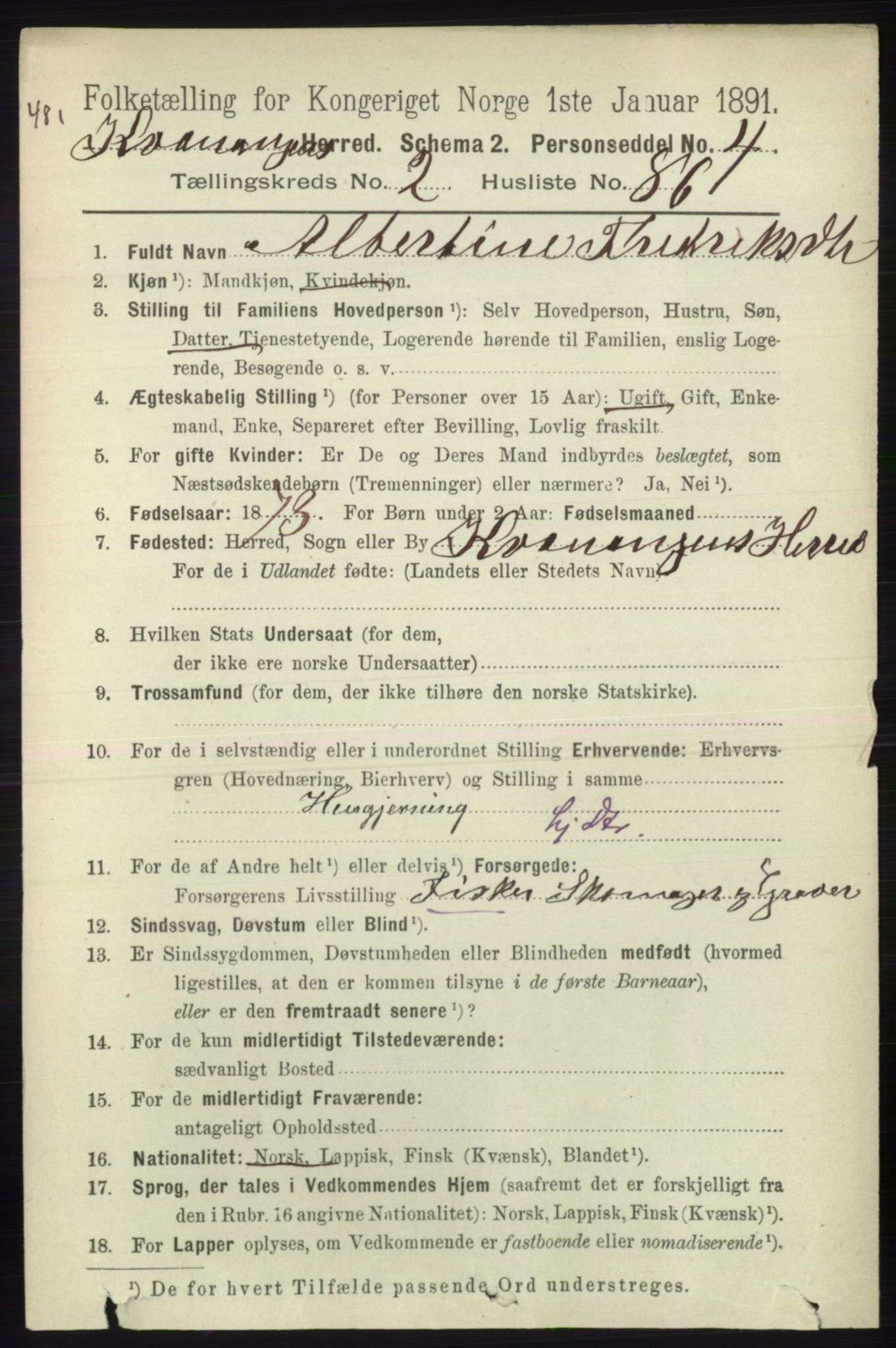 RA, 1891 census for 1943 Kvænangen, 1891, p. 1007