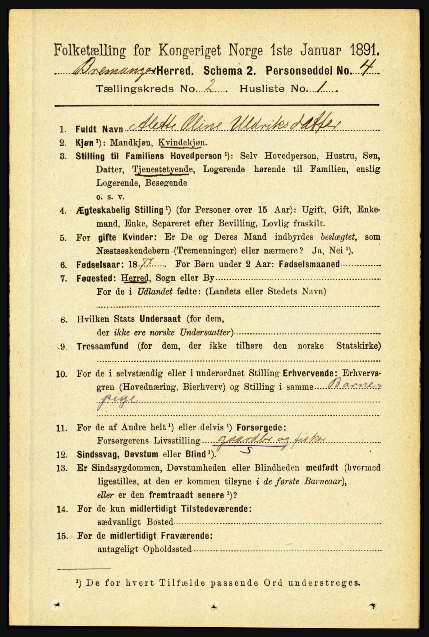 RA, 1891 census for 1438 Bremanger, 1891, p. 655