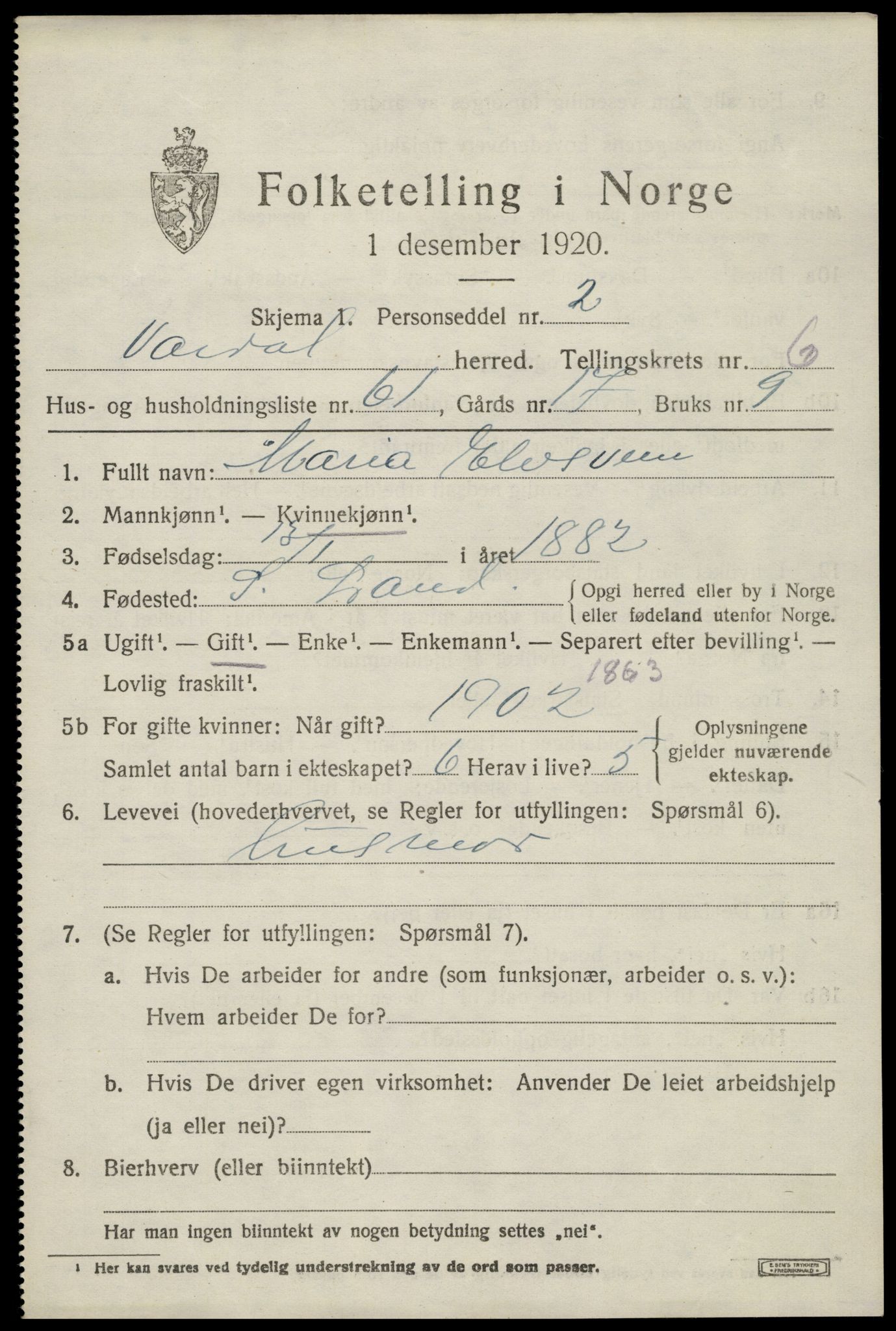 SAH, 1920 census for Vardal, 1920, p. 4569