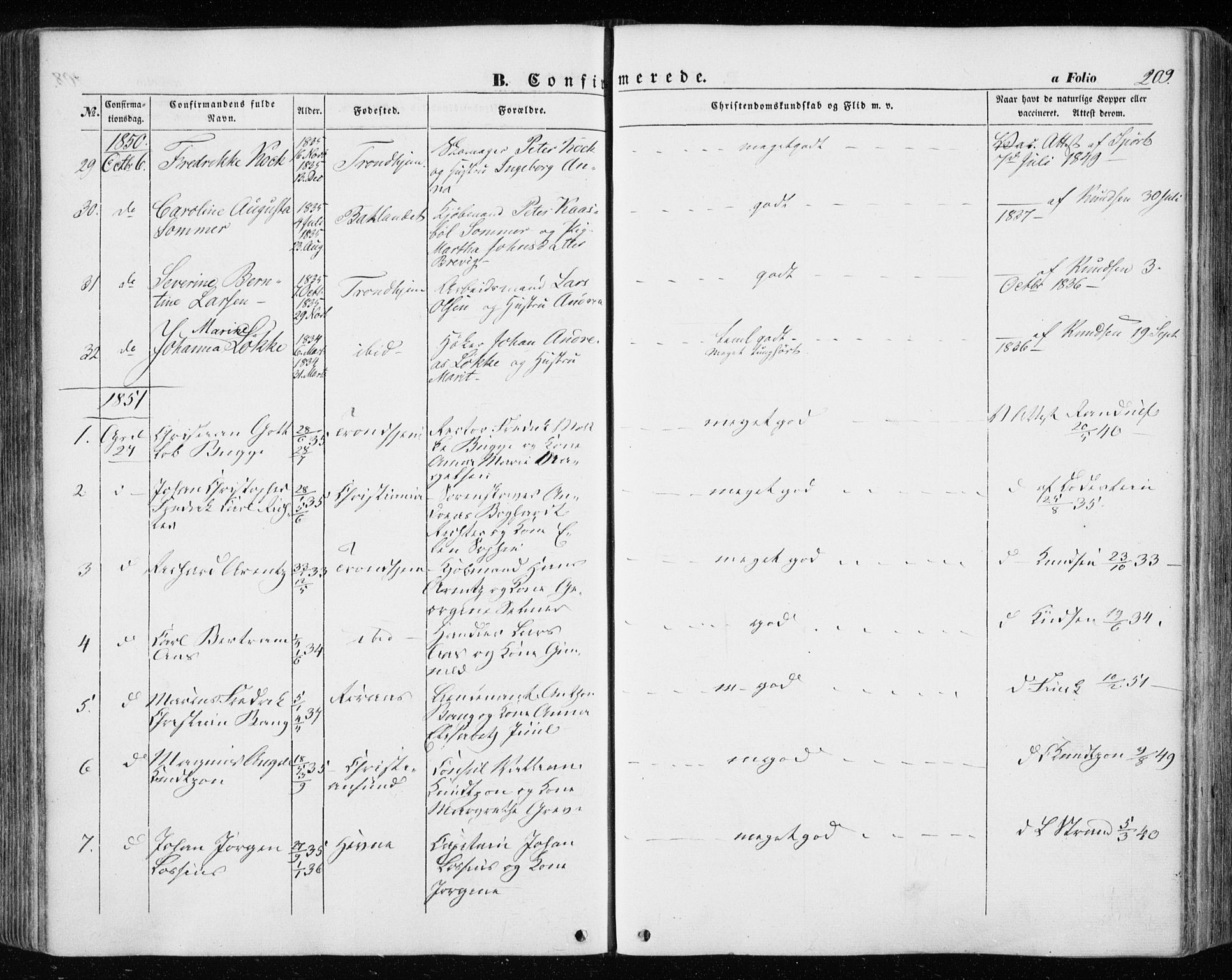 Ministerialprotokoller, klokkerbøker og fødselsregistre - Sør-Trøndelag, SAT/A-1456/601/L0051: Parish register (official) no. 601A19, 1848-1857, p. 209