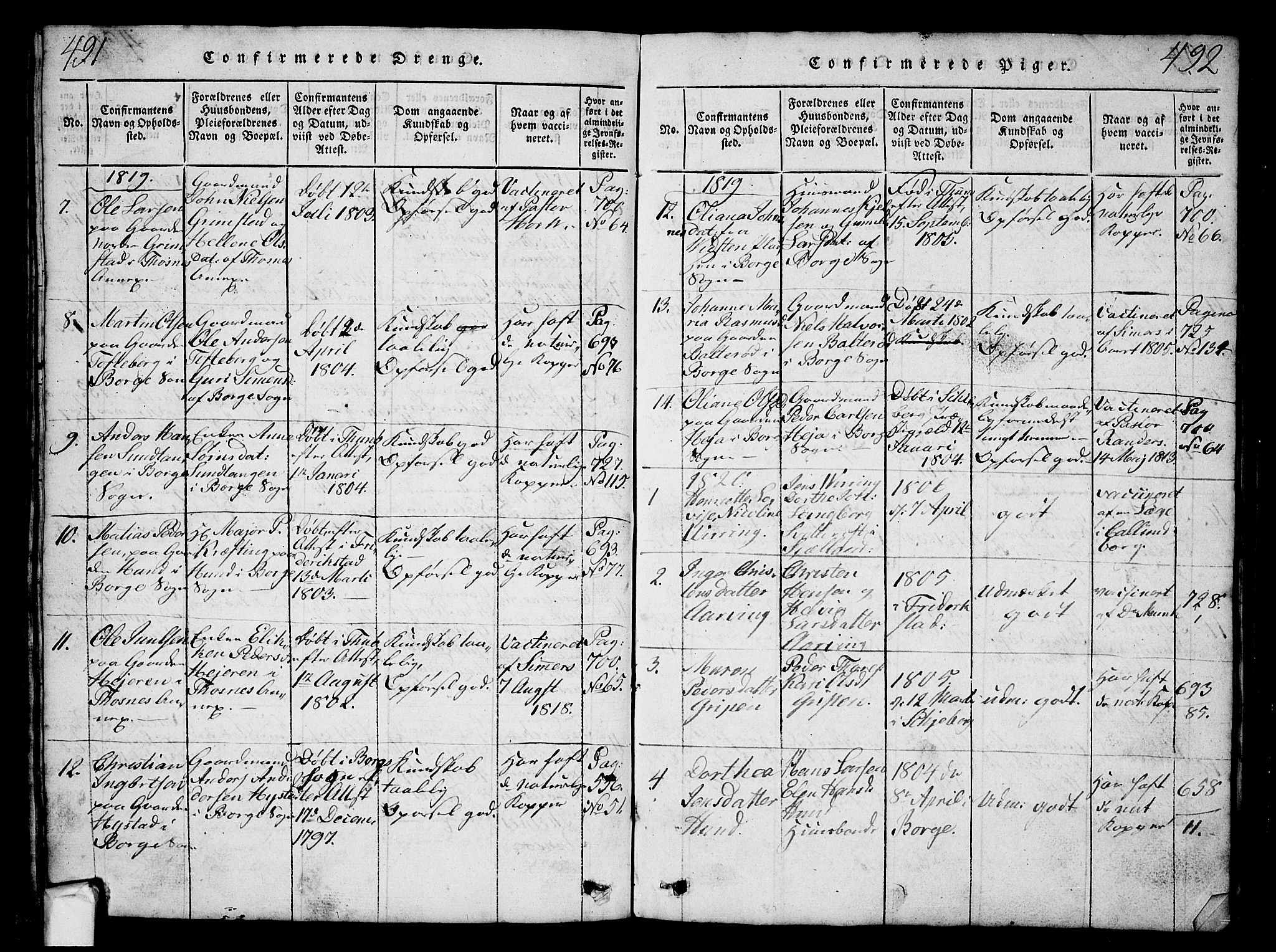 Borge prestekontor Kirkebøker, AV/SAO-A-10903/G/Ga/L0001: Parish register (copy) no.  I 1, 1815-1835, p. 491-492