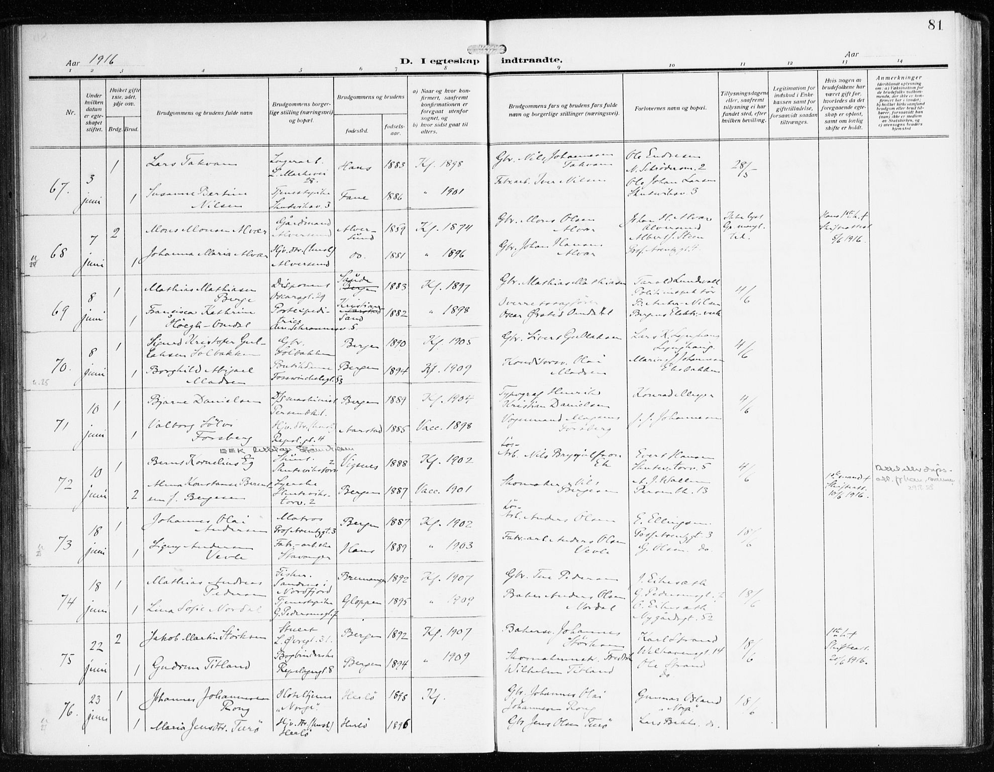 Sandviken Sokneprestembete, AV/SAB-A-77601/H/Ha/L0015: Parish register (official) no. D 2, 1911-1923, p. 81