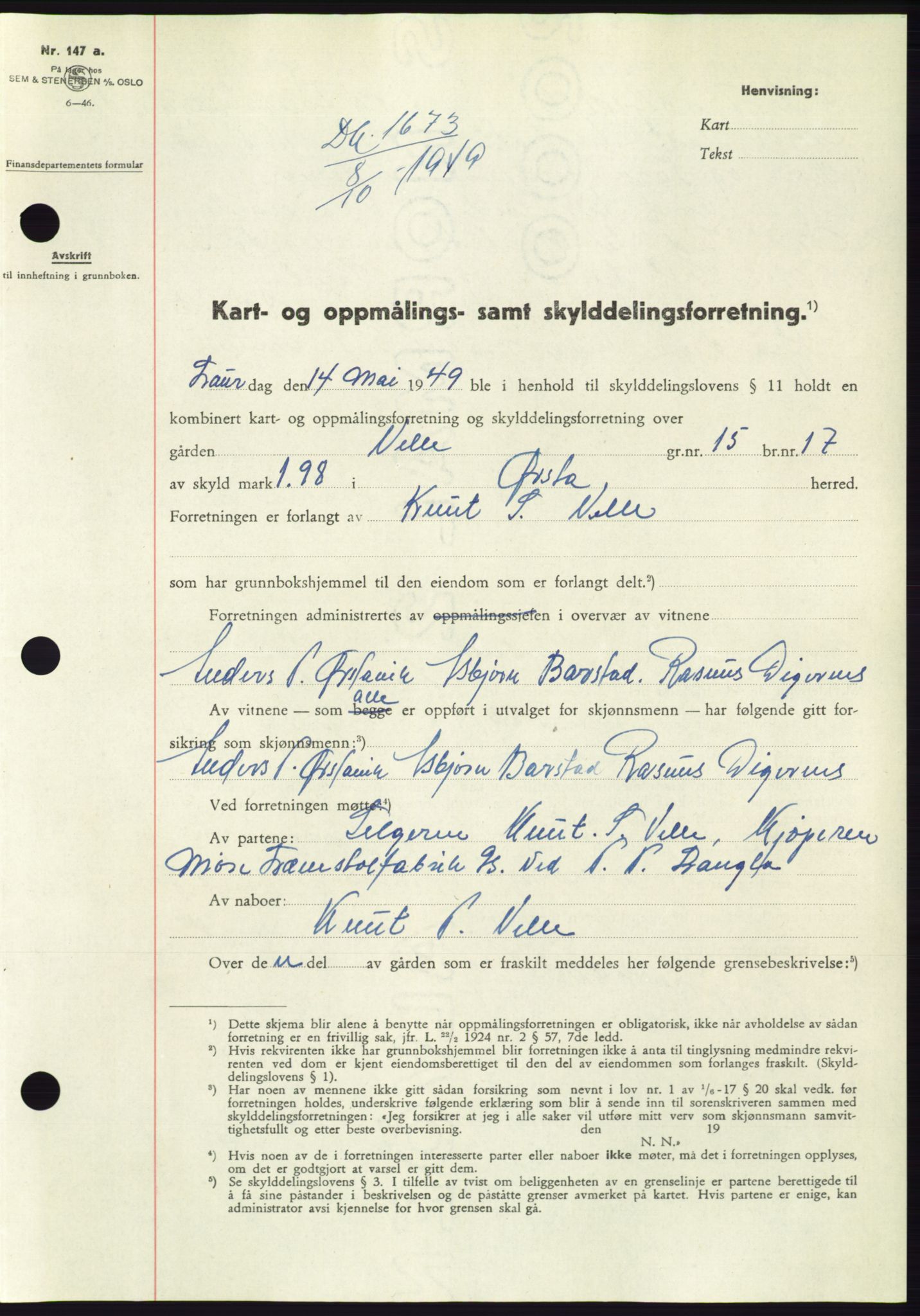 Søre Sunnmøre sorenskriveri, AV/SAT-A-4122/1/2/2C/L0085: Mortgage book no. 11A, 1949-1949, Diary no: : 1673/1949