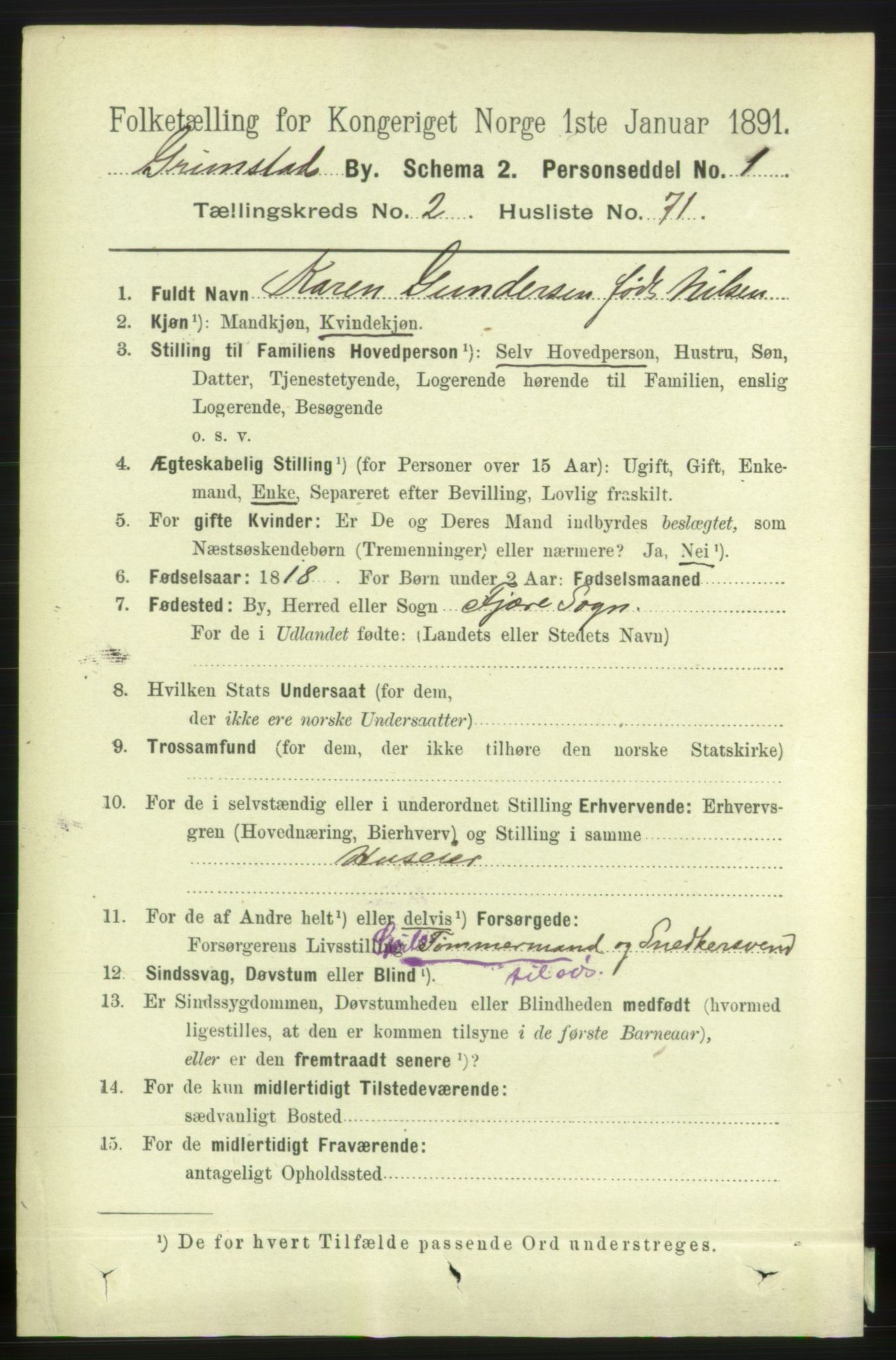 RA, 1891 census for 0904 Grimstad, 1891, p. 1992