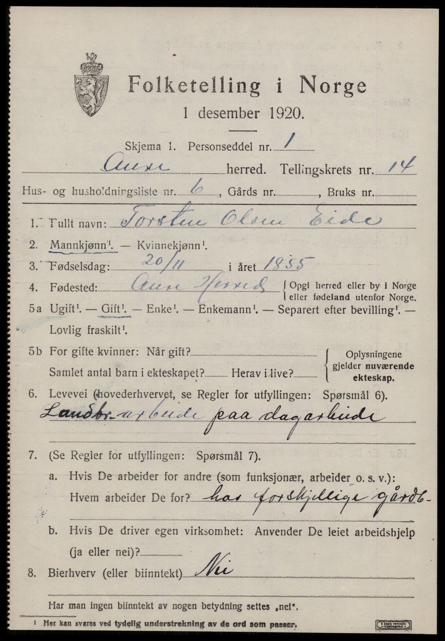 SAT, 1920 census for Aure, 1920, p. 5414