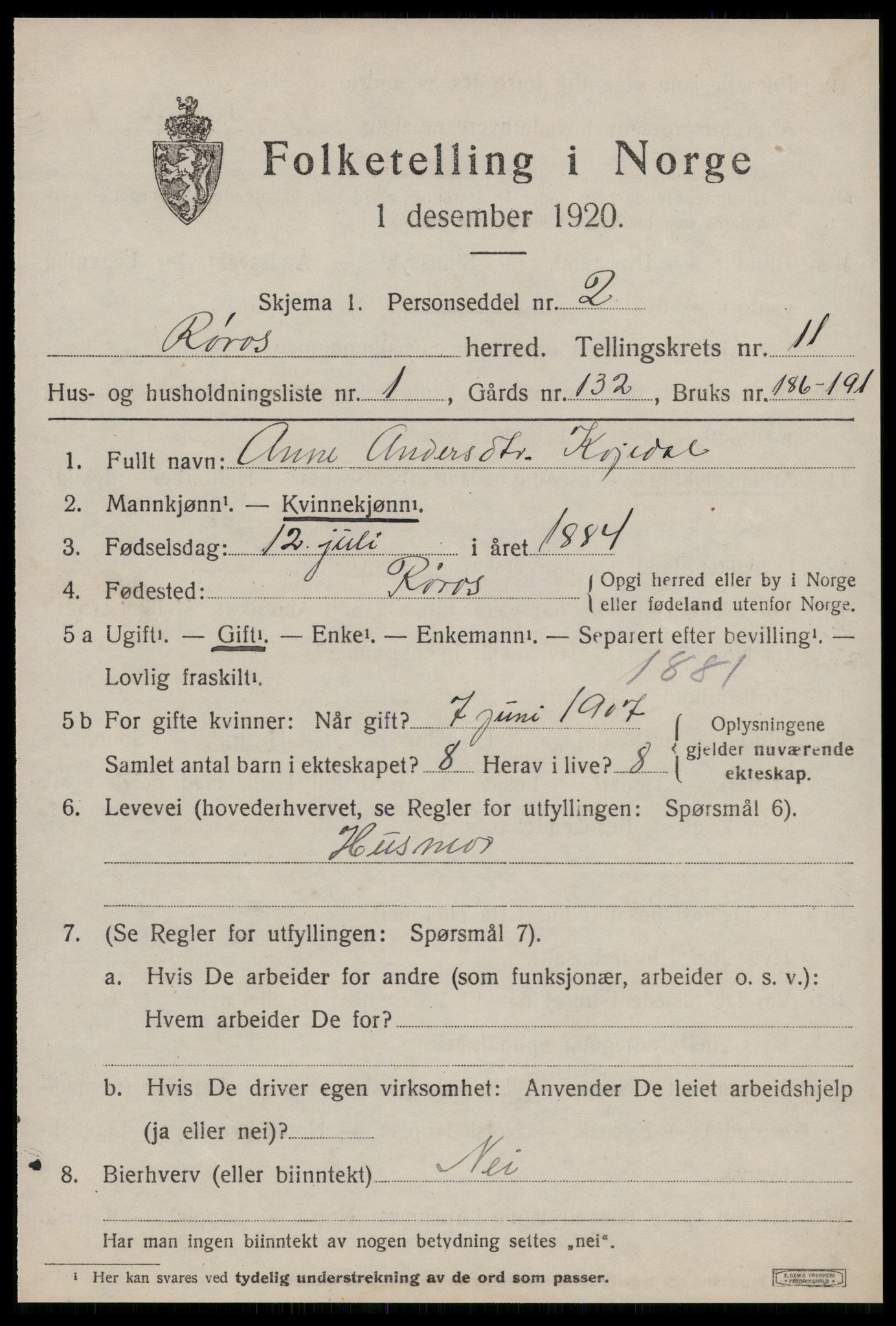 SAT, 1920 census for Røros, 1920, p. 8542