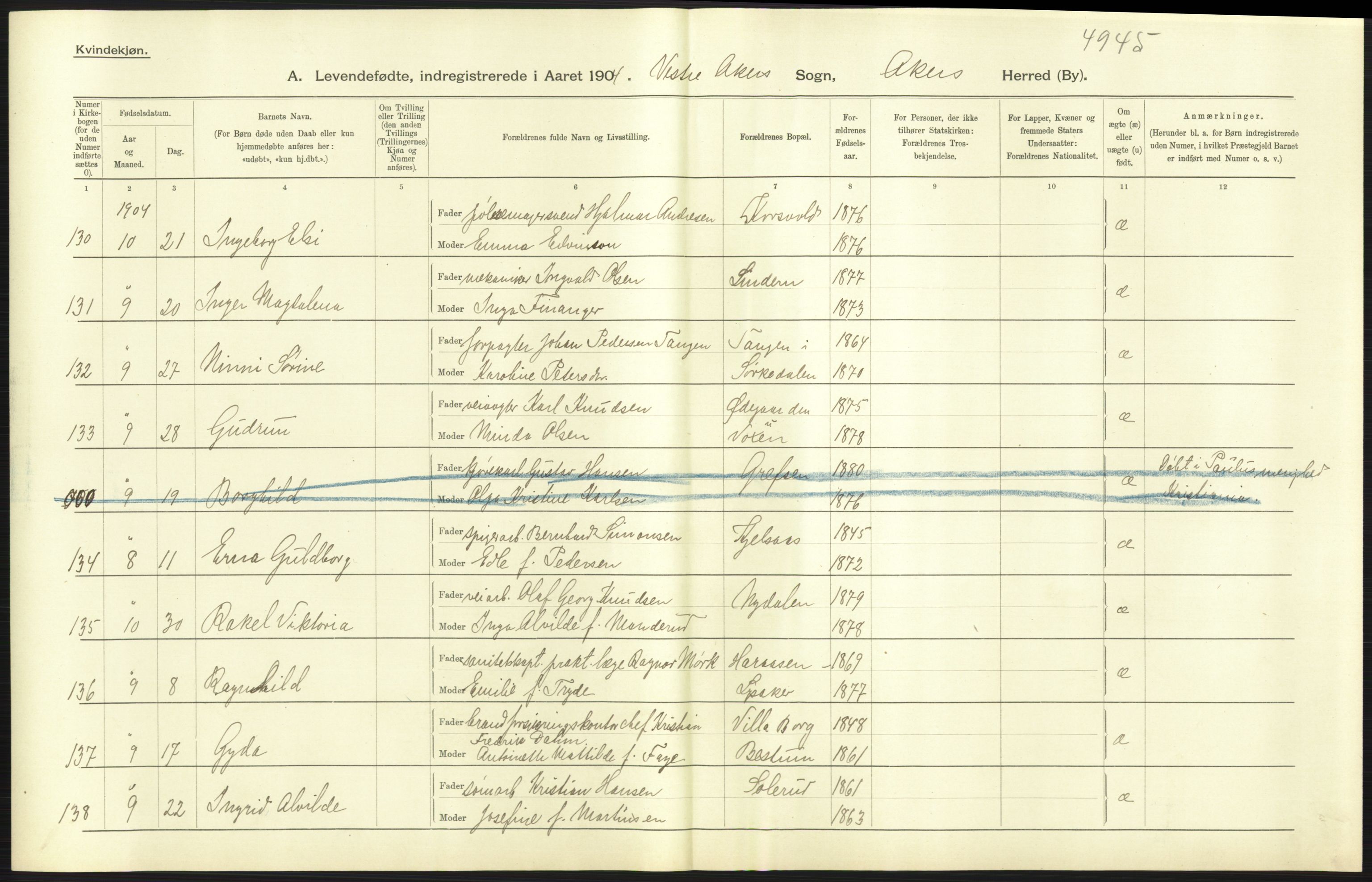 Statistisk sentralbyrå, Sosiodemografiske emner, Befolkning, AV/RA-S-2228/D/Df/Dfa/Dfab/L0002: Akershus amt: Fødte, gifte, døde, 1904, p. 401