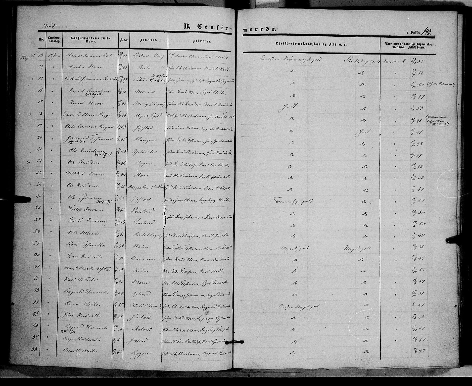 Øystre Slidre prestekontor, AV/SAH-PREST-138/H/Ha/Haa/L0001: Parish register (official) no. 1, 1849-1874, p. 143