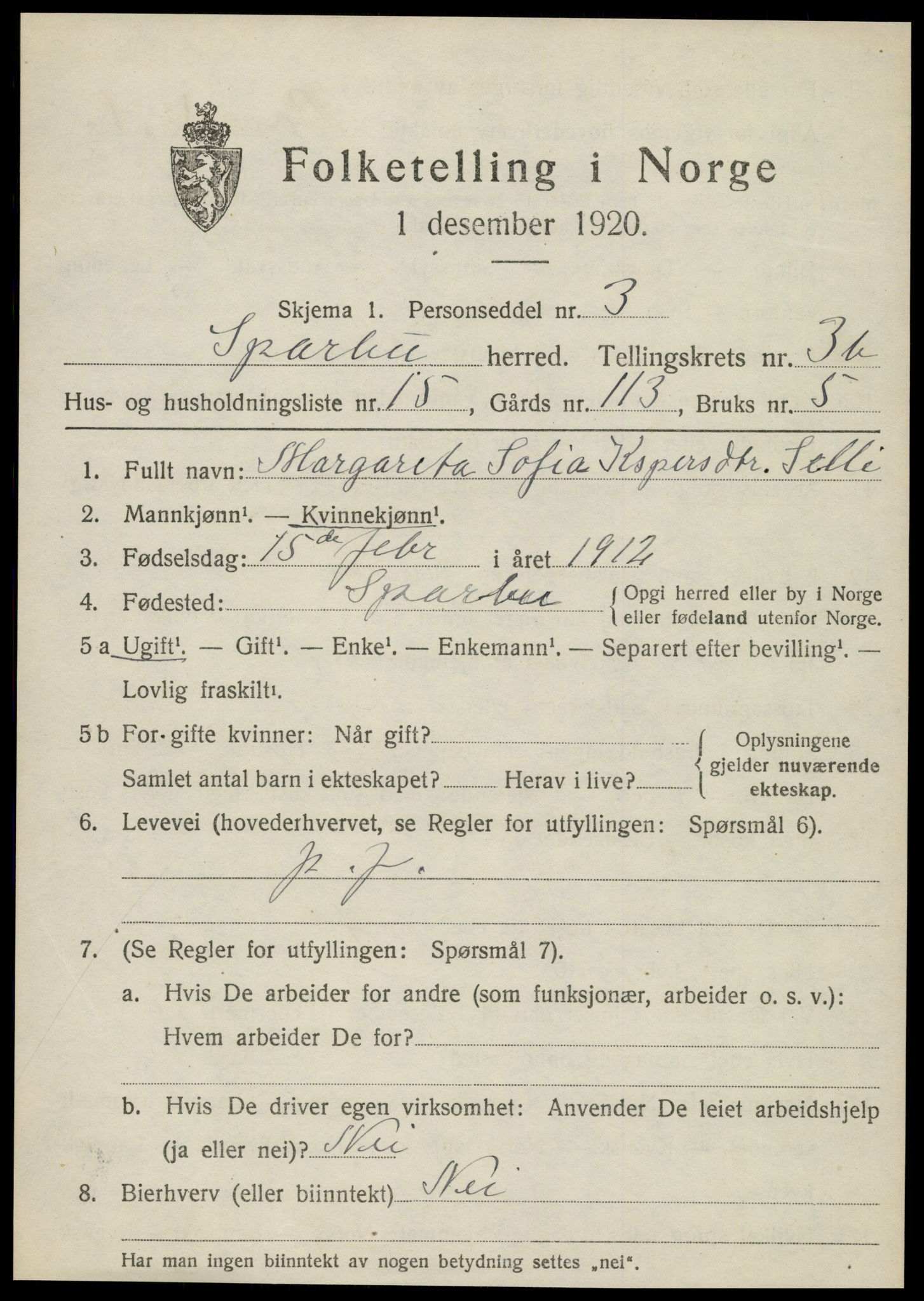 SAT, 1920 census for Sparbu, 1920, p. 4977
