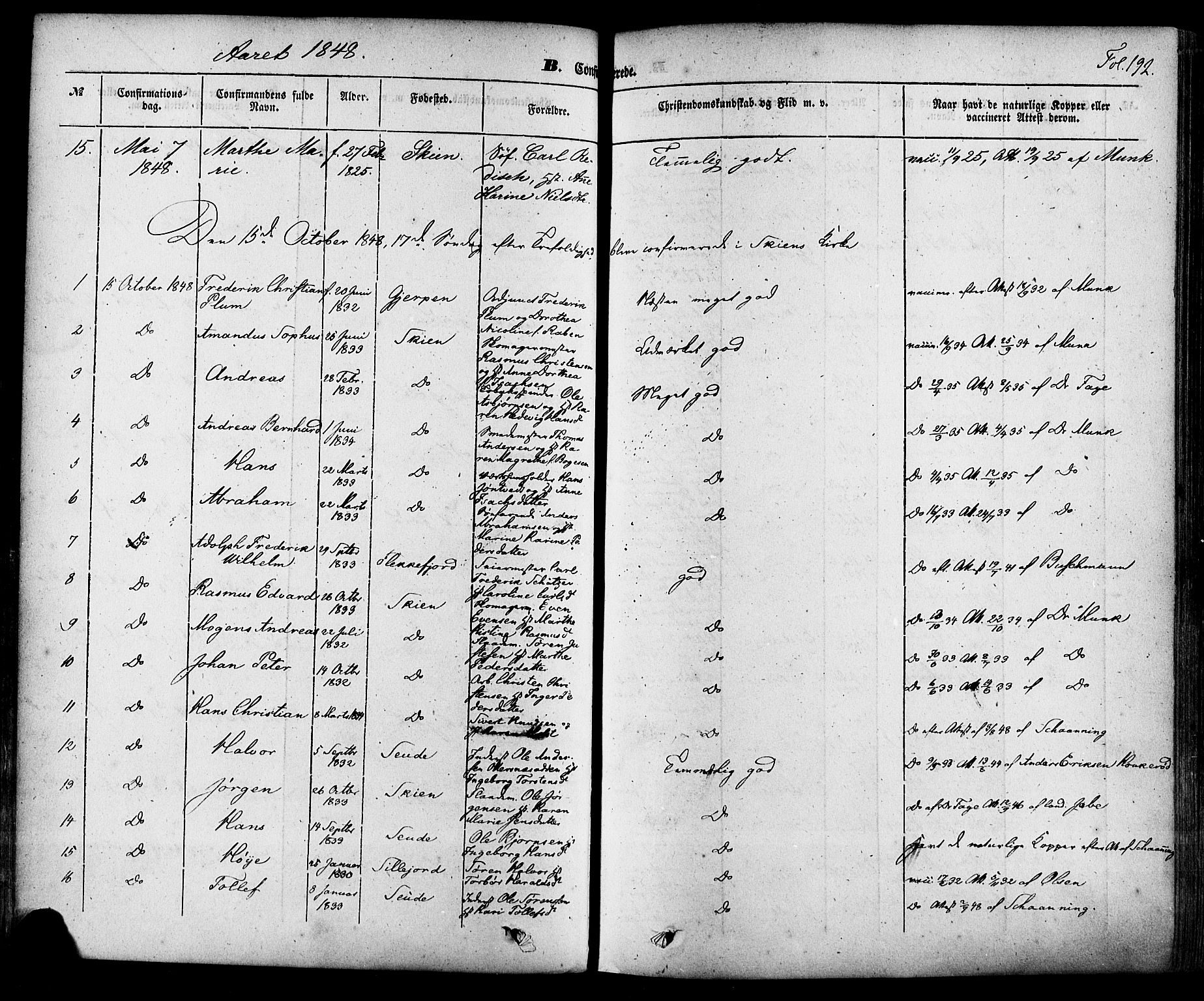 Skien kirkebøker, SAKO/A-302/F/Fa/L0006a: Parish register (official) no. 6A, 1843-1856, p. 192