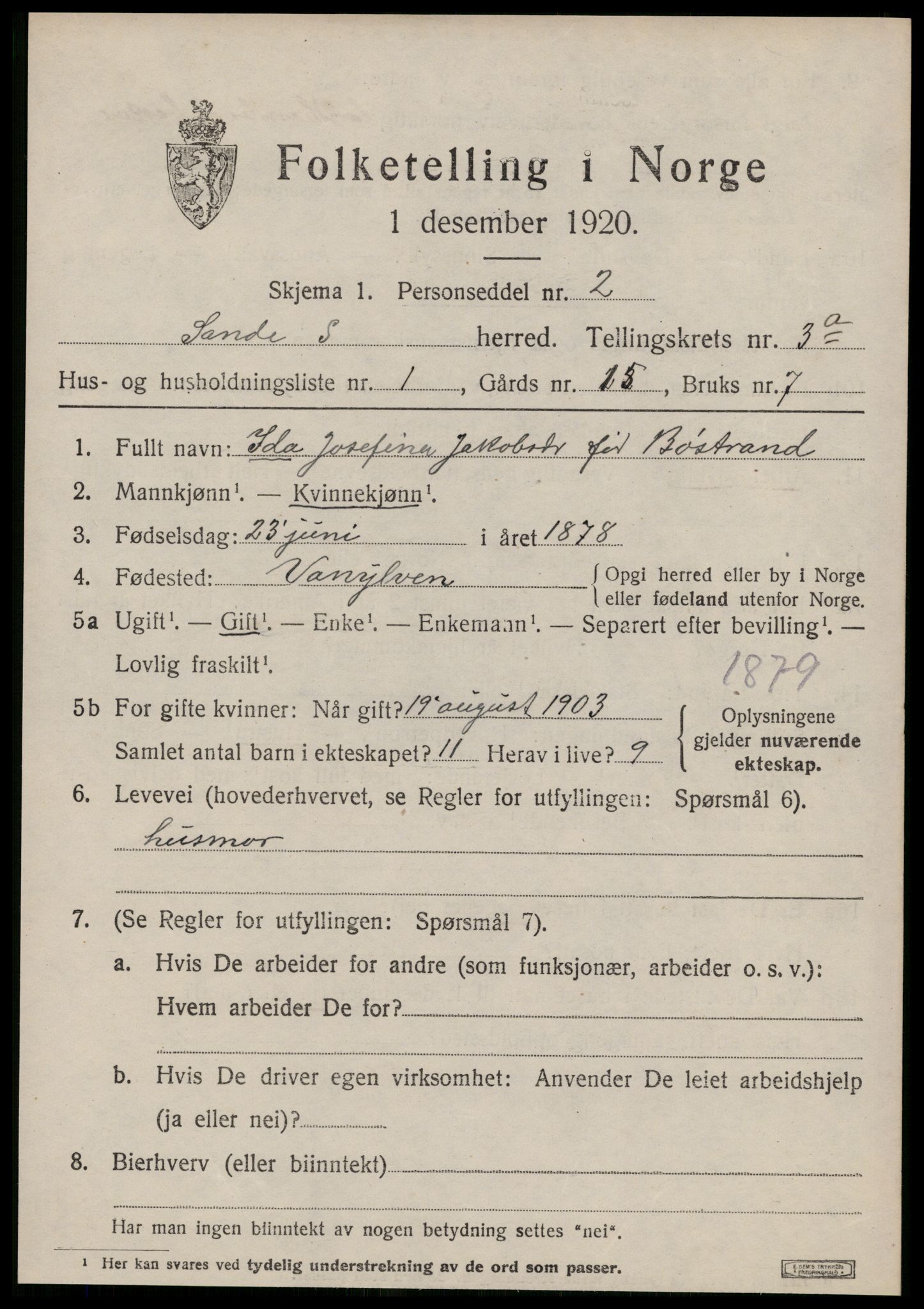 SAT, 1920 census for Sande (MR), 1920, p. 2068