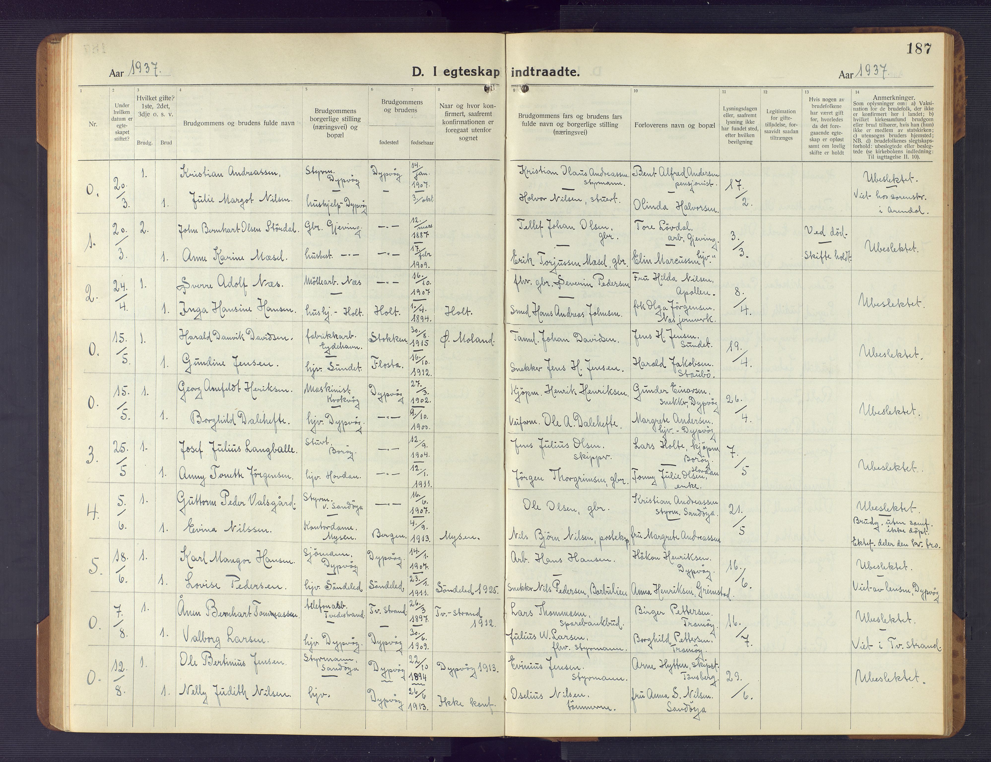 Dypvåg sokneprestkontor, SAK/1111-0007/F/Fb/Fba/L0015: Parish register (copy) no. B 15, 1922-1949, p. 187