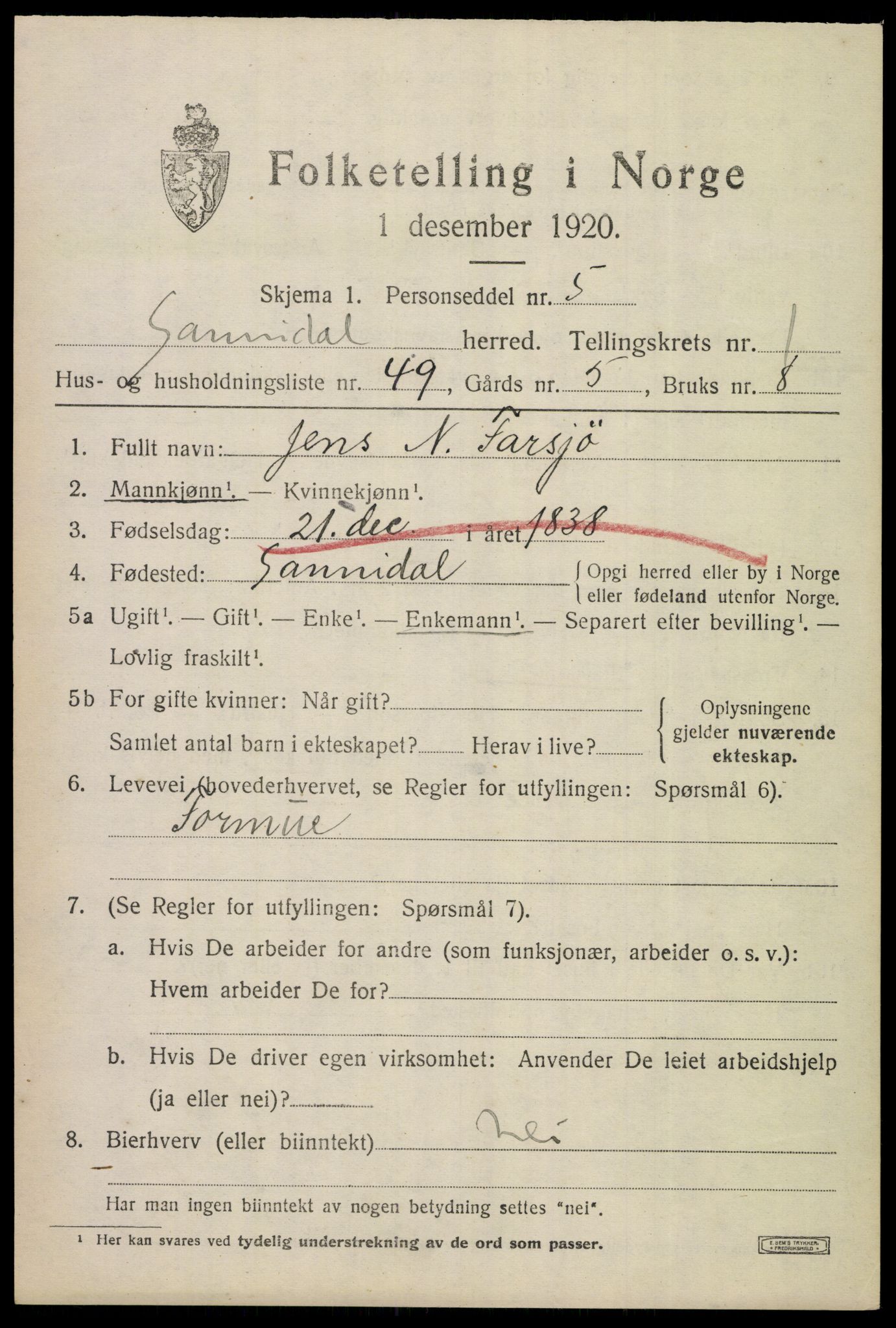 SAKO, 1920 census for Sannidal, 1920, p. 1623