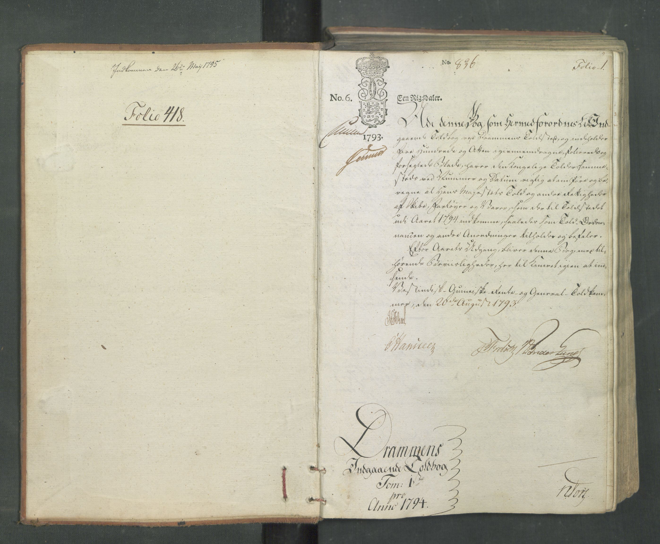 Generaltollkammeret, tollregnskaper, RA/EA-5490/R08/L0174/0001: Tollregnskaper Drammen / Inngående tollbok, 1794, p. 1a