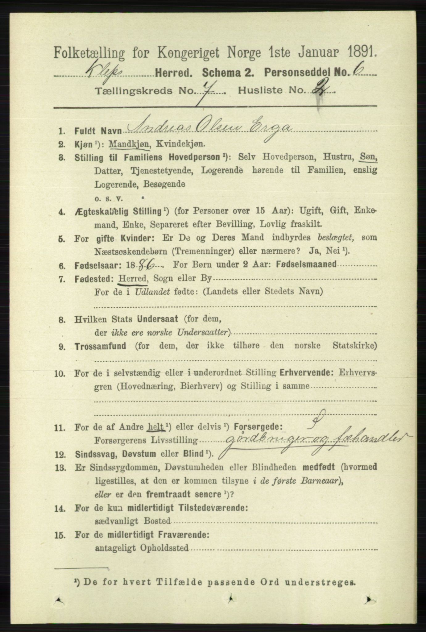 RA, 1891 census for 1120 Klepp, 1891, p. 2124