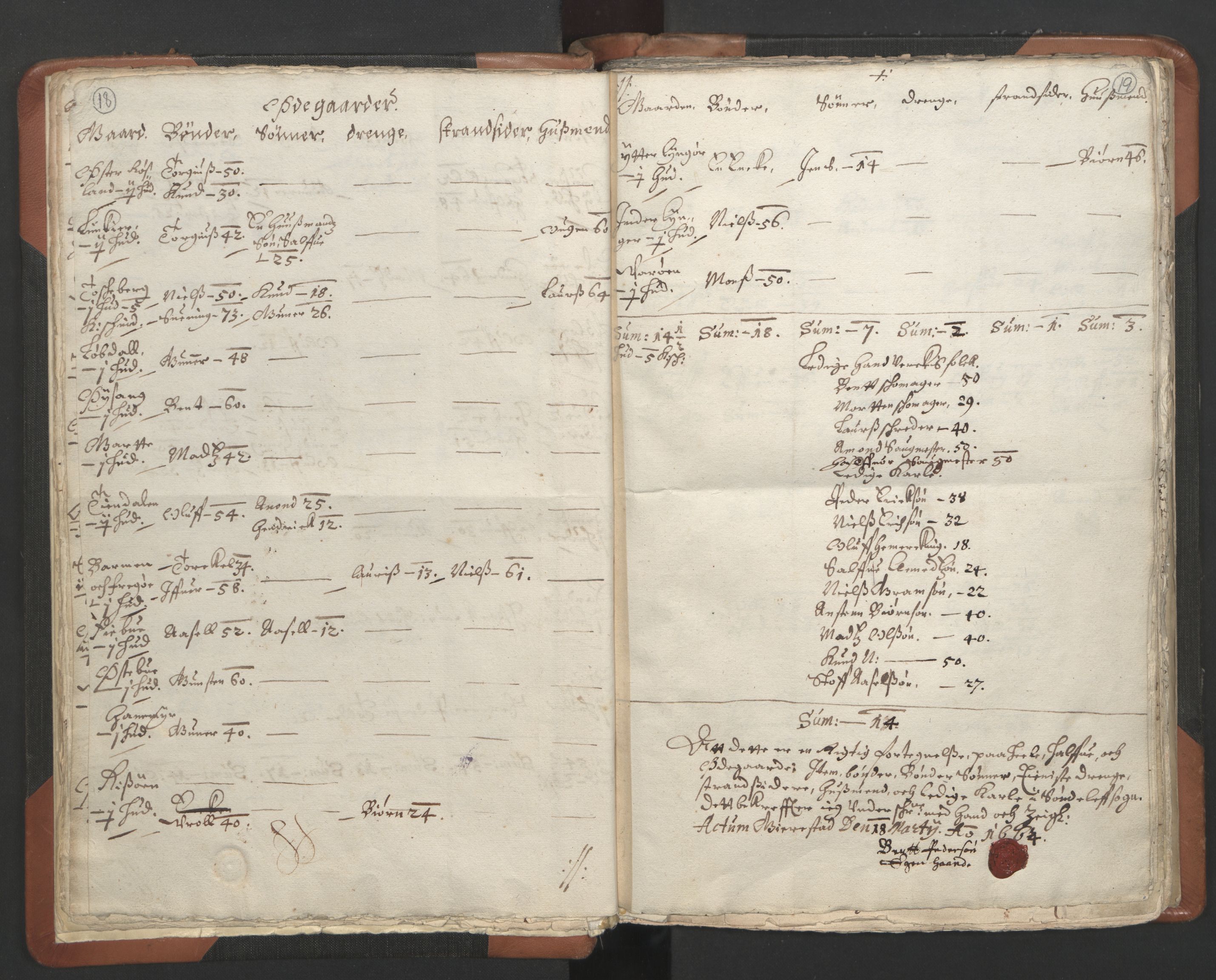 RA, Vicar's Census 1664-1666, no. 13: Nedenes deanery, 1664-1666, p. 18-19
