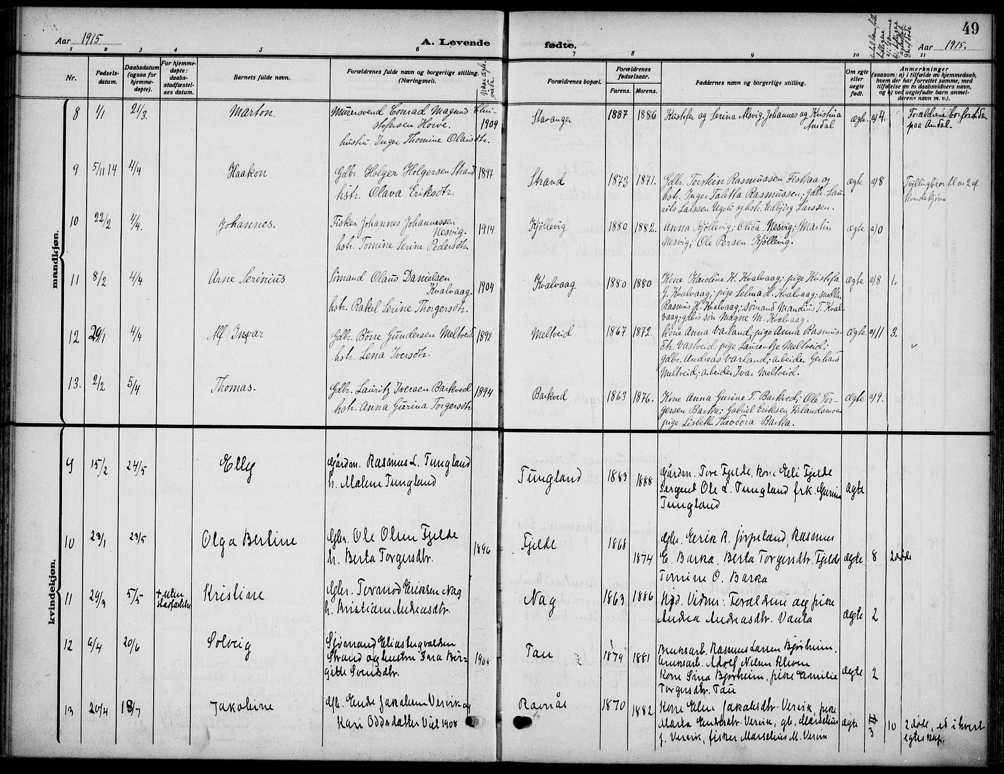Strand sokneprestkontor, AV/SAST-A-101828/H/Ha/Haa/L0011: Parish register (official) no. A 11, 1908-1930, p. 49