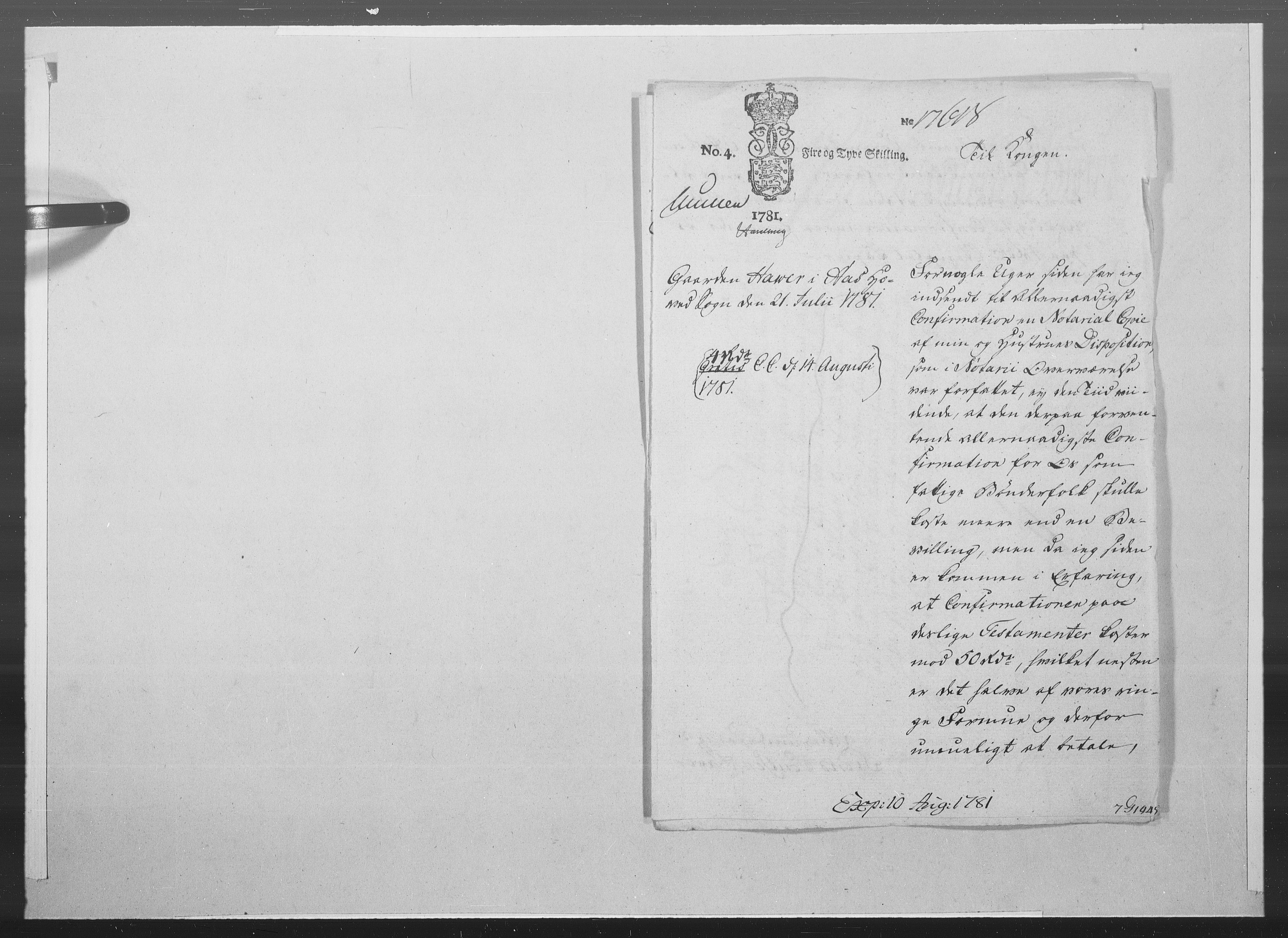 Danske Kanselli 1572-1799, RA/EA-3023/F/Fc/Fcc/Fcca/L0239: Norske innlegg 1572-1799, 1781, p. 200