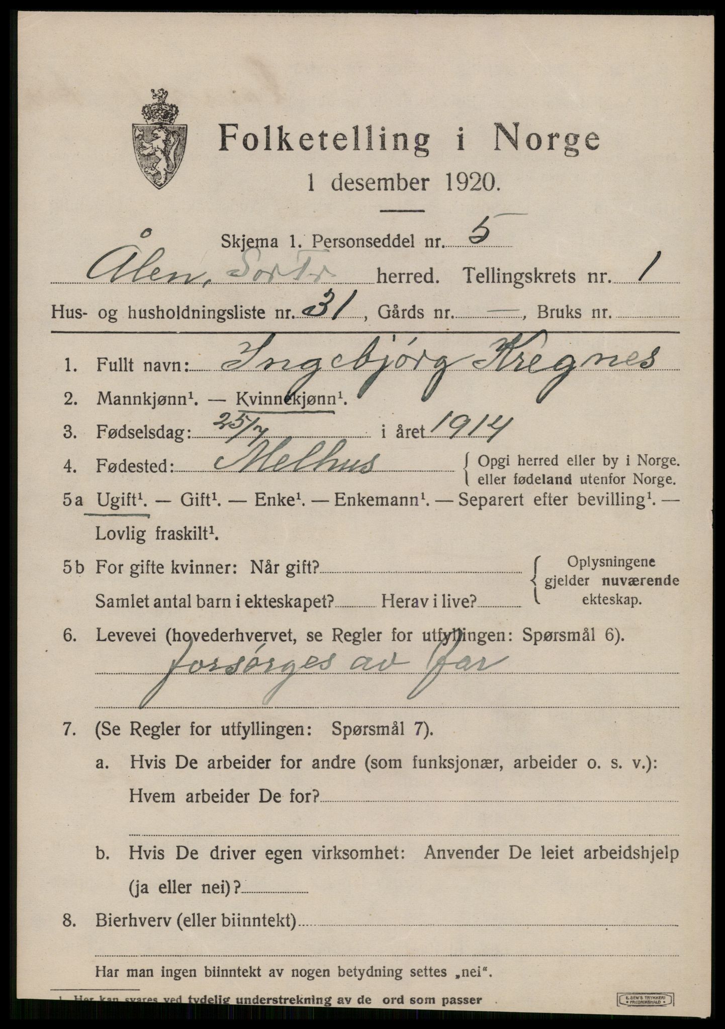 SAT, 1920 census for Ålen, 1920, p. 1198