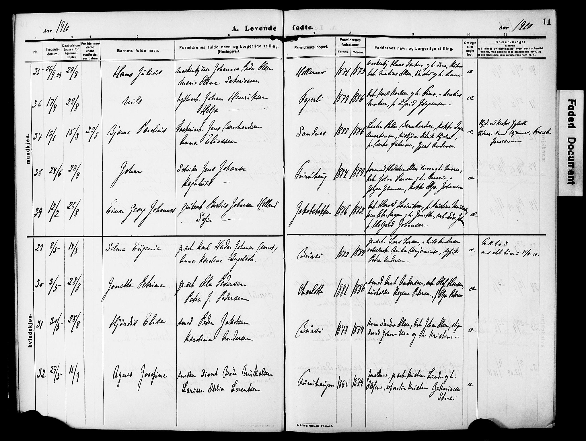 Ministerialprotokoller, klokkerbøker og fødselsregistre - Nordland, AV/SAT-A-1459/850/L0710: Parish register (official) no. 850A02, 1910-1920, p. 11