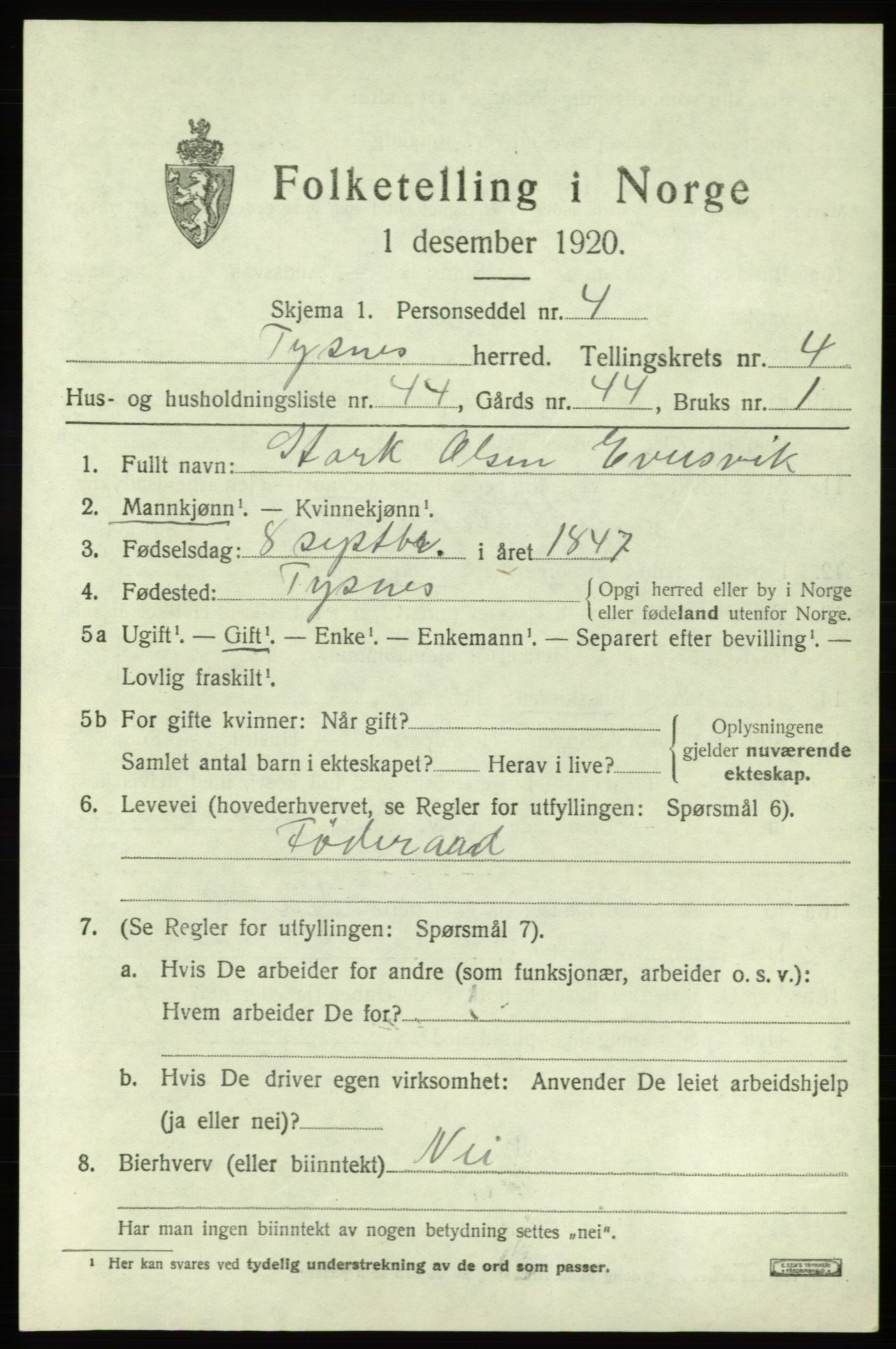 SAB, 1920 census for Tysnes, 1920, p. 3706