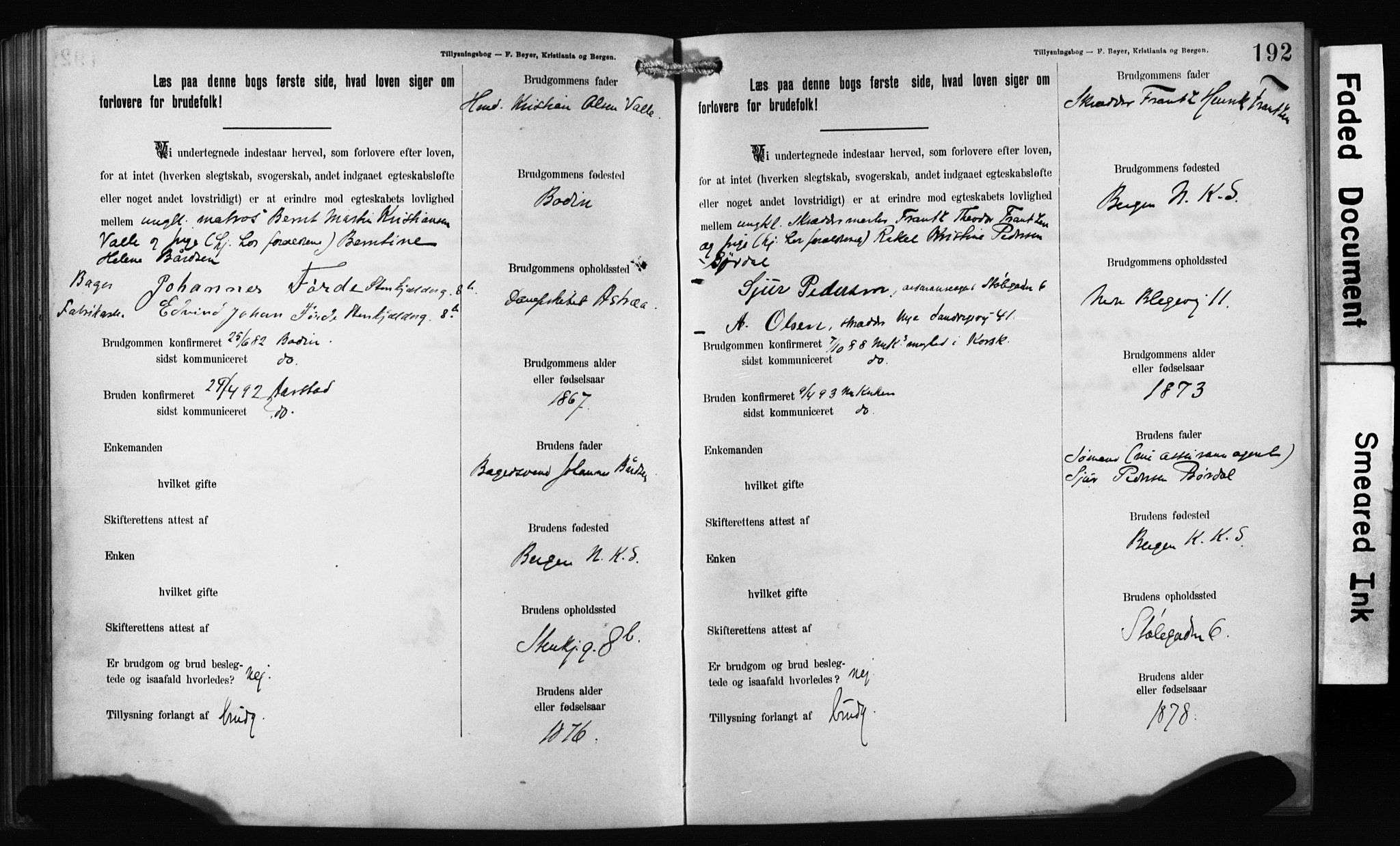 Mariakirken Sokneprestembete, AV/SAB-A-76901: Best man's statements no. II.5.1, 1891-1901, p. 192