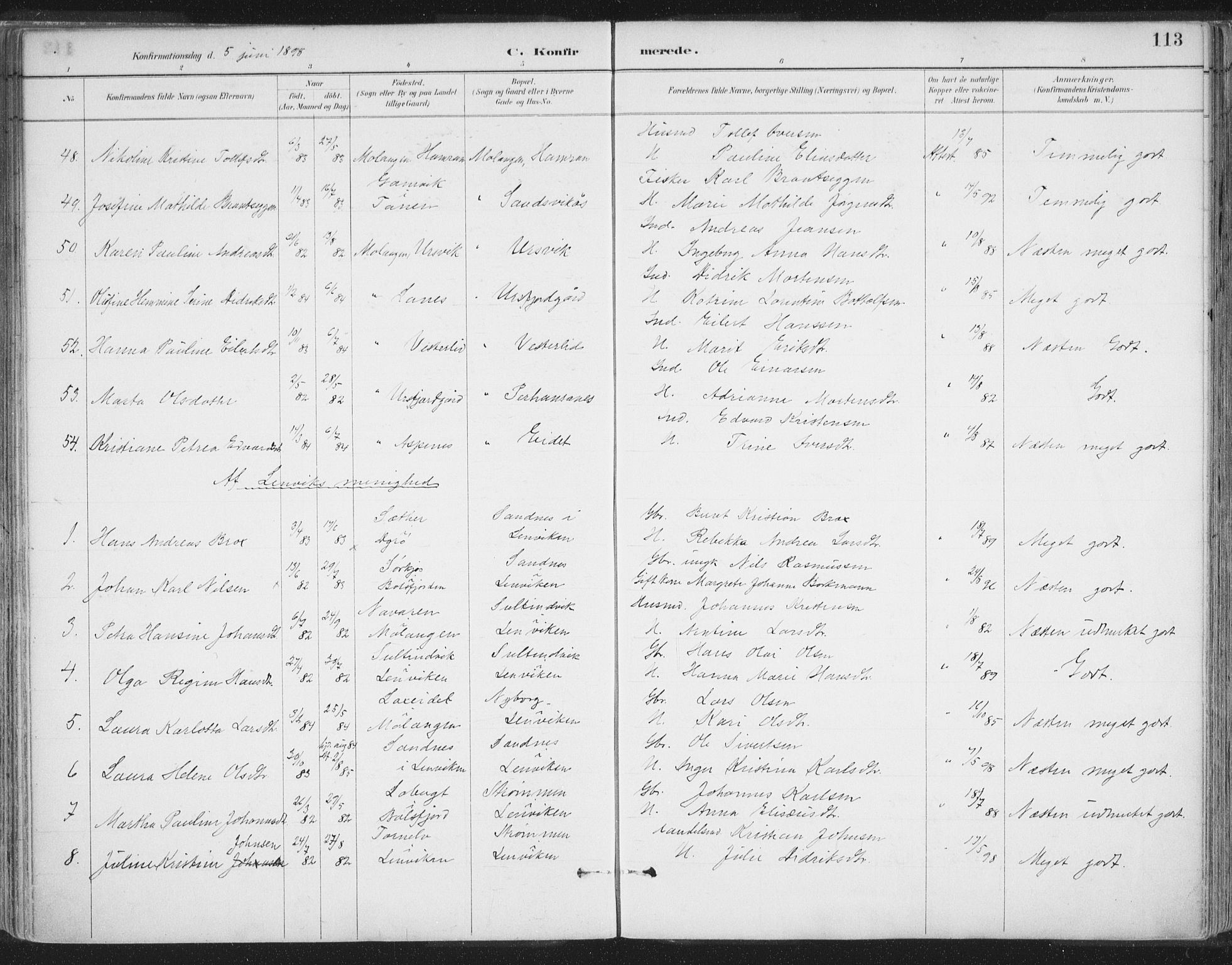 Balsfjord sokneprestembete, SATØ/S-1303/G/Ga/L0007kirke: Parish register (official) no. 7, 1887-1909, p. 113