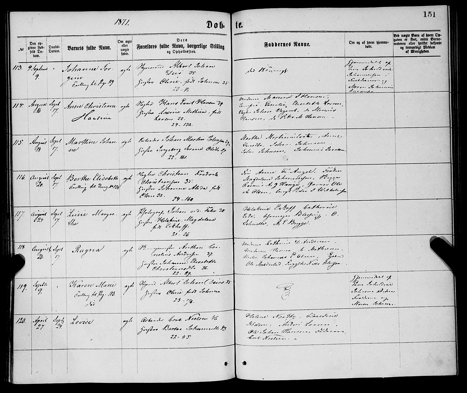 Korskirken sokneprestembete, SAB/A-76101/H/Haa/L0020: Parish register (official) no. B 6, 1871-1878, p. 151