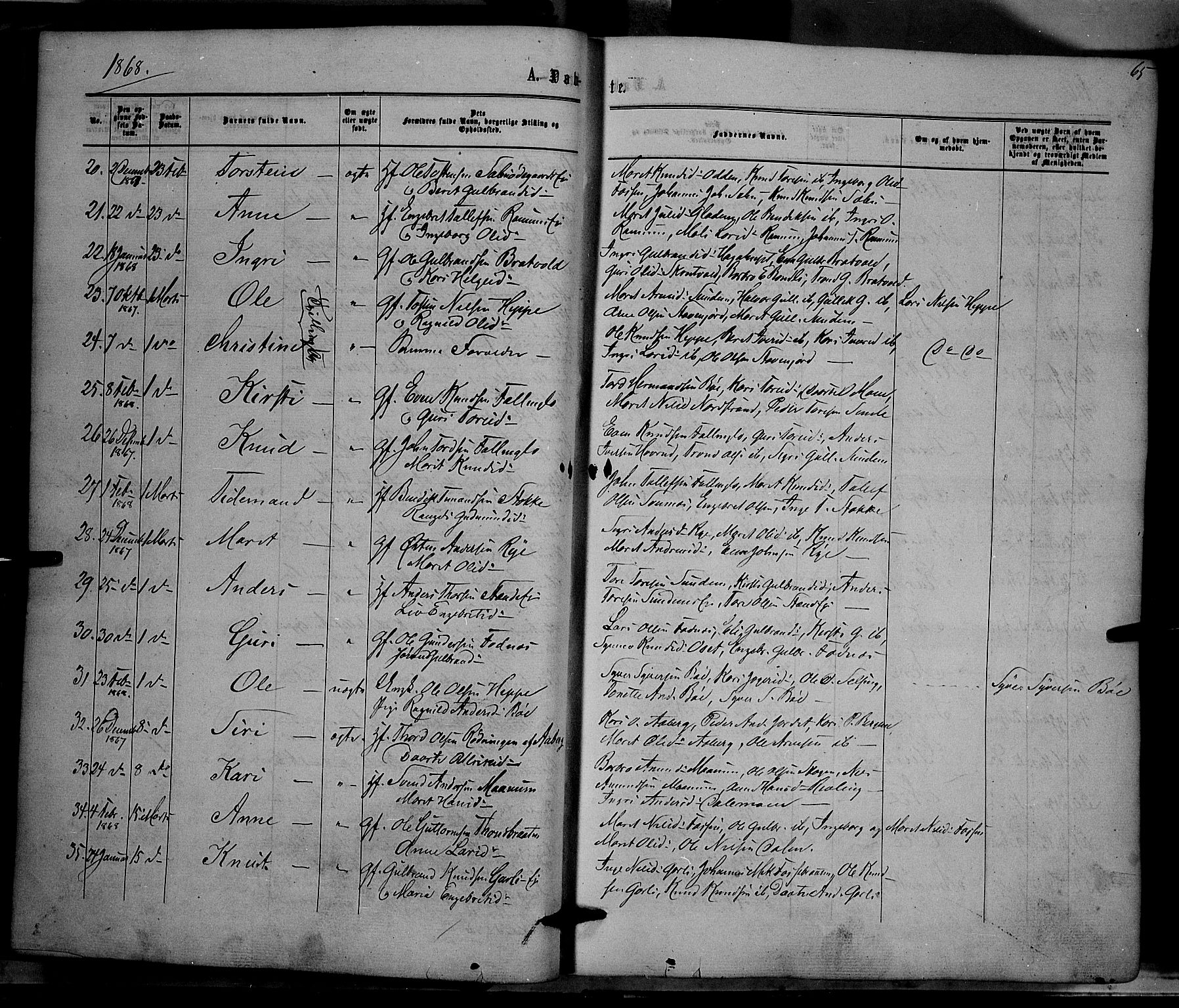 Nord-Aurdal prestekontor, SAH/PREST-132/H/Ha/Haa/L0008: Parish register (official) no. 8, 1863-1875, p. 65