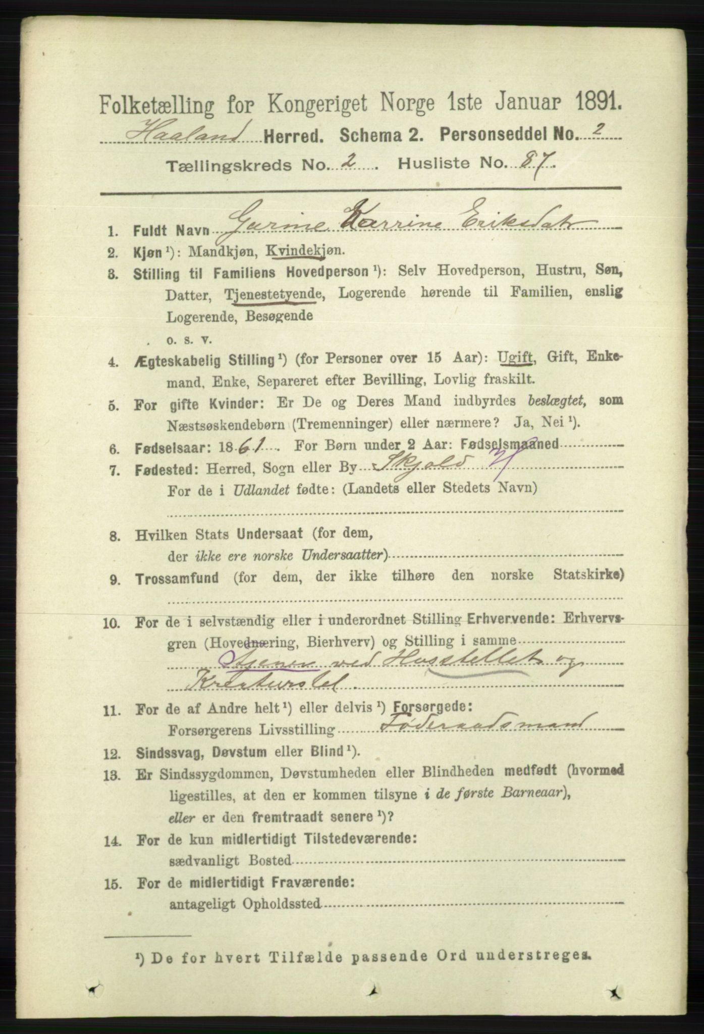 RA, 1891 census for 1124 Haaland, 1891, p. 1481