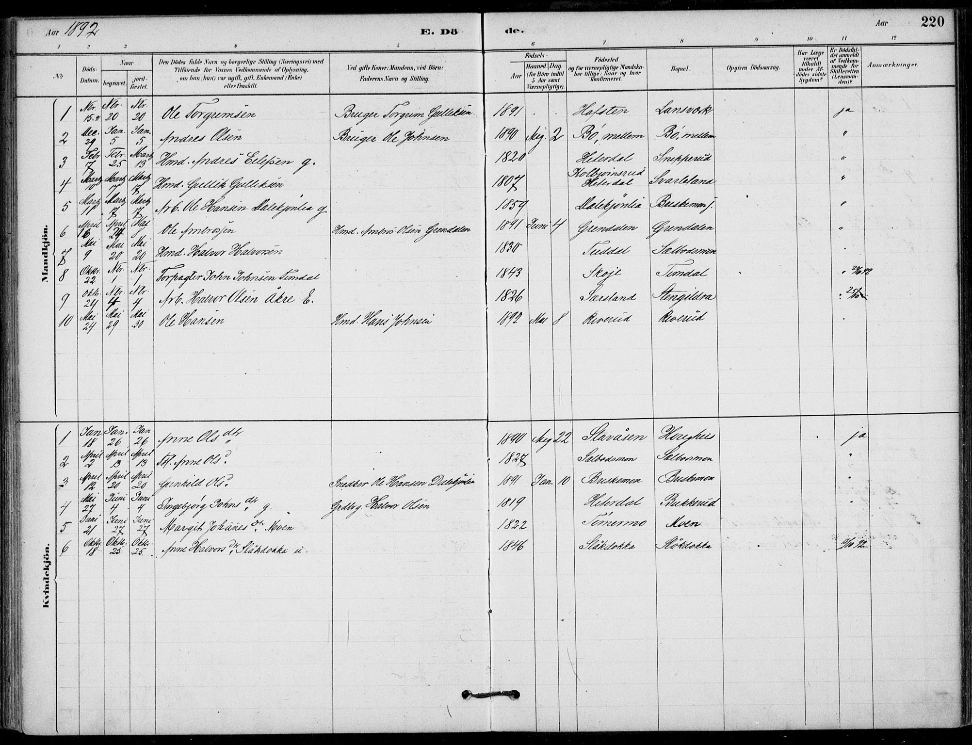 Hjartdal kirkebøker, AV/SAKO-A-270/F/Fb/L0002: Parish register (official) no. II 2, 1880-1932, p. 220